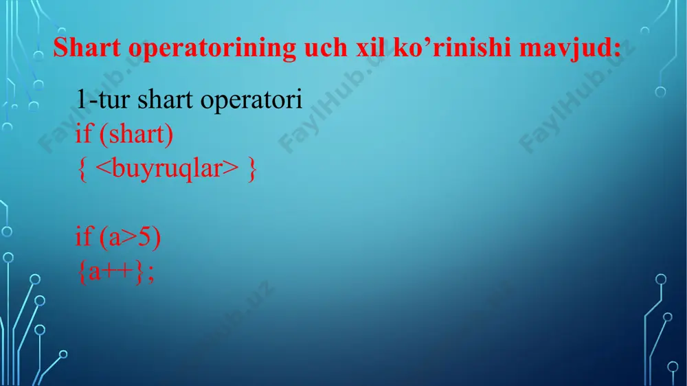 9: case 10: case 11: console.writeline(“kuz fasli"); break; case 12: console.writeline(“qish fasli"); break; default: console.writeline(“bunday oy yo’q"); break; } e`tiboringiz uchun raxmat! image2.png /docprops/thumbnail.jpeg