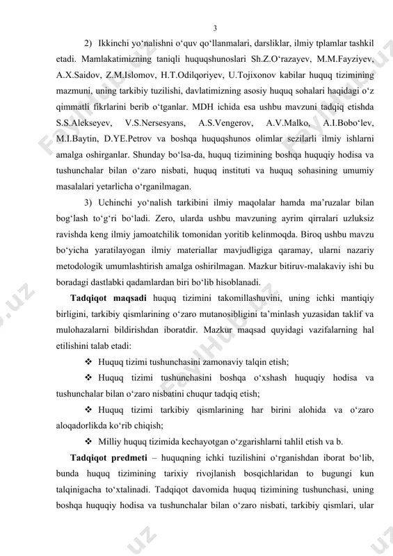 birini alohida va o‘zaro aloqadorlikda ko‘rib chiqish; · milliy huquq tizimida kechayotgan o‘zgarishlarni tahlil etish va b. tadqiqot predmeti – huquqning ichki tuzilishini o‘rganishdan iborat bo‘lib, bunda huquq tizimining tarixiy rivojlanish bosqichlaridan to bugungi kun talqinigacha to‘xtalinadi. tadqiqot davomida huquq tizimining tushunchasi, uning boshqa huquqiy hodisa va tushunchalar bilan o‘zaro nisbati, tarkibiy qismlari, ular har birining o‘ziga xos jihatlari, o‘zbeksitonning mustaqil huquq tizimini shakllantirish jarayoni, mamlakatimizda amal qilayotgan asosiy huquq sohalari hamda boshqa dolzarb masalalar imkon qadar o‘rganilgan. tadqiqotning nazariy-metodologik asosi bo‘lib, huquq tizimi bilan bog‘liq yaratilgan ilg‘or ilmiy ta’limotlar, qarashlar, g‘oyalar, huquqiy demokratik davlat barpo etish konsepsiyasi va boshqalar xizmat qiladi. tadqiqotning ilmiy yangiligi uning ilmiy-amaliy majmuida, predmetida, mundarijasida o‘z ifodasini topgan. shuningdek, tadqiqot mobaynida foydalanilgan uslub va yondashuvlarning xilma-xilligi uning ilmiy yangiligidan dalolat beradi. ilmiy yangilik tadqiqot xulosalarida, tegishli taklif-g‘oyalar tizimida mujassamlashgan. tadqiqot davomida tarixiylik, tizimlilik, sotsiologik kabi ilmiy metodlar, shuningdek, qiyosiy-huquqiy singari sof yuridik metodlardan samarali foydalanildi. …