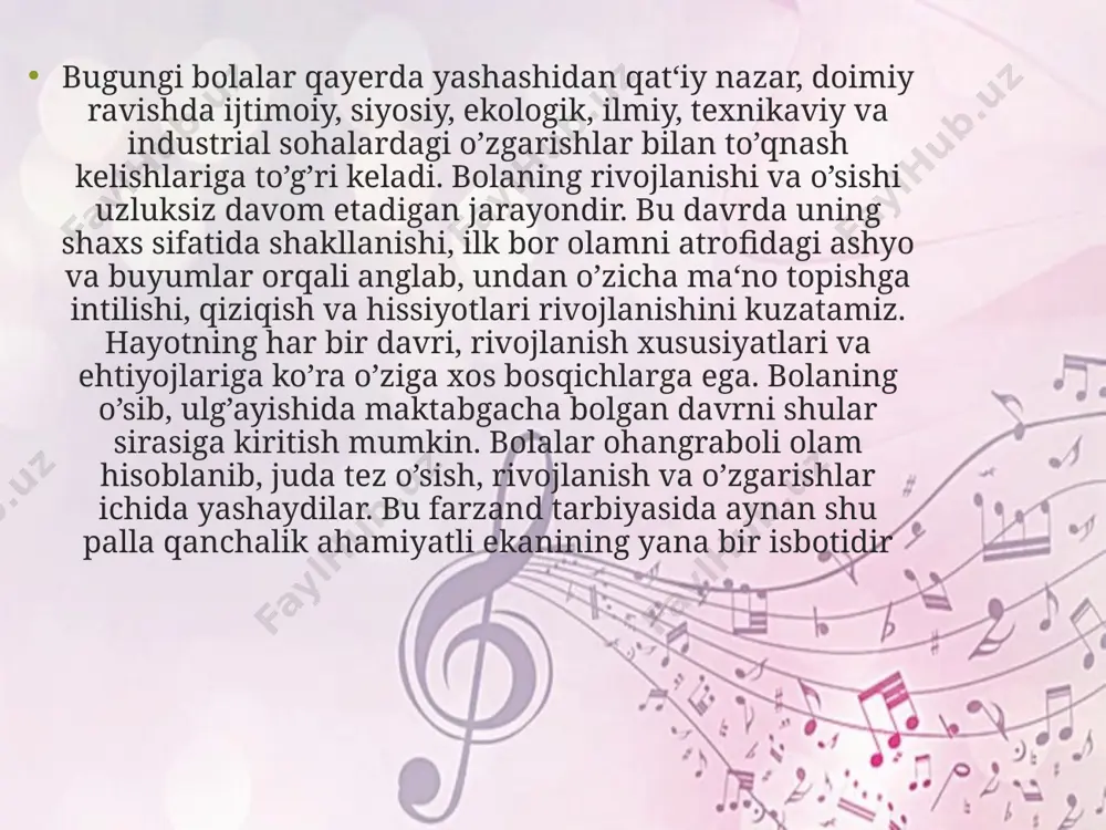 ng minimal hajmi. tarbiyalanuvchilarning musiqa mashg‘ulotlarida egallashi lozim bo‘lgan kompetensiyalari. musiqa mashg‘ulotlari ta‘limi dasturi mazmuni, mohiyati va tahlili. mashg‘ulotlar tahlili. «ilk qadam» maktabgacha ta‘lim muassasalari uchun ishlab chiqilgan dastur – davlat hujjati bo‘lib, musiqa rahbarini ta‘limiy tarbiyaviy ishi, bolalarni barkamol tarbiyalab maktab ta‘limiga tayyorlashini nazarda tutadi. musiqa mashg‘ulotlarini rejalashtirar ekan, pedagog bolalarning aqliy, jismoniy, emosional yuklamalarini hisobga olishi kerak va shunga ko‘ra o‘rgatiladigan repertuar va faoliyat turlarini ketma – ketligini to‘g‘ri tuzishi kerak har bir musiqa rahbari xar bir musiqa mashg‘ulotini qiziqarli va bolalar xotirasida uzoq saqlanishi uchun ko‘rgazmalardan unumli foydalanishni bilishi zarur. mashg‘ulotni tashkillashda musiqa rahbari quyidagilarni yoddan chiqarmasligi kerak: 1. mashg‘ulot bayoni, yangi qo‘shiq, raqs xarakatlari, foydalaniladigan cholg‘u asboblari uchun tayyorlangan ko‘rgazmalar; 2. qismlarni bir-biriga uzviy bog‘lay olish; 3. bolalarni qiziqtirish uchun ularning yosh xususiyatlarini e‘tiborga oligan xolda sodda va past ohangda muloqatda bo‘lish; 4. texnika vositalaridan foydalana olish; 5. musiqiy ta‘limiy va didaktik o‘yinlar yordamida bolalar bilim …