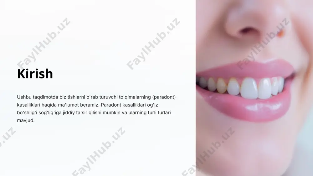 ri-darmonlarni qabul qilish va ba'zi kasalliklar ta'sir qilishi mumkin. davolash gingivitni davolash uchun stomatologik protseduralar va dori-darmonlar qo'llaniladi. bu protseduralar tish yuzasidagi bakteriyalarni tozalash va tish etlarining yallig'lanishini kamaytirishga qaratilgan. 5 odontit - tish etlarining yallig'lanishi odontit - tish etlarining yallig'lanishi odontit - tish etlarining yallig'lanishi bo'lib, og'iz bo'shlig'ida uchraydigan eng keng tarqalgan kasalliklardan biri hisoblanadi. bu kasallik tish etlarining qizarishi, shishishi, qonash va og'riq bilan tavsiflanadi. odontitning sabablari odontitning asosiy sababi - tish yuzasida hosil bo'lgan bakteriyalar plakasining to'planishi. bakteriyalar tish etlari bo'ylab tarqalib, yallig'lanish jarayonini boshlaydi. 6 paradontit - tish qo'yini to'qimalarining yallig'lanishi tish qo'yini to'qimalarining yallig'lanishi paradontit bu tishlarni qo'llab-quvvatlovchi to'qimalarning jiddiy yallig'lanishidir. bu yallig'lanish tish qo'yini suyaklariga tarqaladi, bu esa tishning bo'shashishiga va oxir-oqibat tushishiga olib kelishi mumkin. tish qo'yini suyaklarining yo'qolishi paradontit tish qo'yini to'qimalarining yo'qolishi bilan tavsiflanadi, bu tishni qo'llab-quvvatlovchi suyaklarning asta-sekin yo'qolishiga olib keladi. bu jarayon ko'pincha og'riqsiz bo'lib, bemorlar dastlab tishning bo'shashishini …