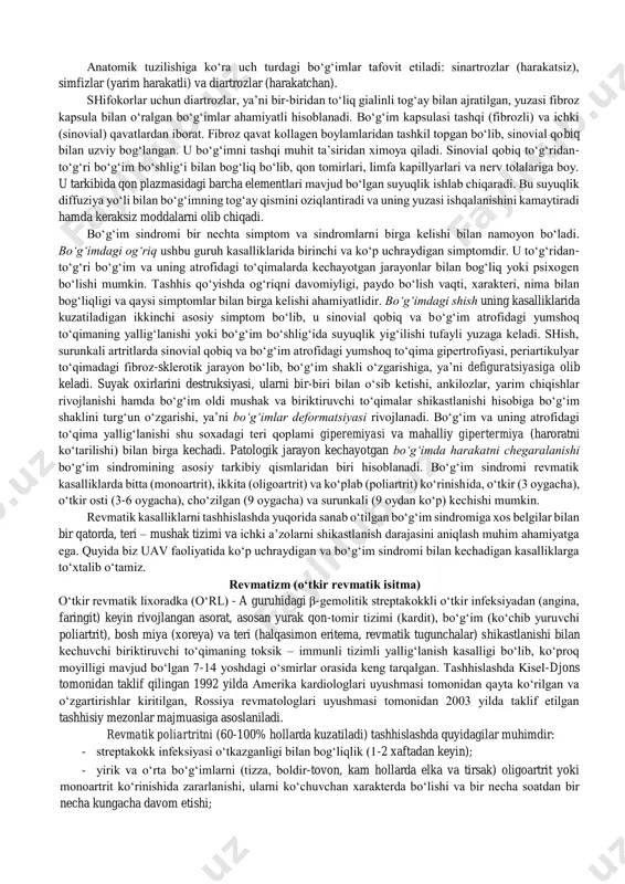 inovioma, sarkoma,pigmentli vorsinka tugunli sinovit va boshqalar). xii. revmatik bo‘lmagan kasalliklardagi artropatiyalar: 1. allergik kasalliklar (dori va zardob kasalliklari); 2. metabolik buzilishlar (gemoxromatoz, amiloidoz, oxronoz, ksantomatoz, giperlipidemiya); 3. biriktiruvchi to‘qima metabolizmini tug‘ma nuqsoni (marfan sindromi, mukopolisaxaridoz, gipermobillik sindromi); 4. endokrin kasalliklar (qandli diabet, akromegaliya, giperparatireoz, gipertireoz, gipotireoz); 5. asab tizimi kasalliklari (sharko artropatiyasi, algoneyrodistrofiya, kompressiya sindromi, siringomieliya, elka- panja sindromi); 6. qon tizimi kasalliklari (gemofiliya, leykozlar, mielom kasalligi, yomon sifatli limfomalar); 7. paraneoplastik artropatiyalar (turli joylashuvdagi yomon sifatli o‘smalar); 8. kasb kasalliklari (vibratsiya kasalligi, silikoz– silikoartrit- kaplas sindromi, kesson kasalligi); 9. boshqa kasalliklar (surunkali faol gepatit, sarkoidoz, davriy kasallik, gipovitaminoz). xiii. bo‘g‘imdan tashqaridagi yumshoq to‘qima kasalliklari: 1. mushak kasalligi (miozitlar); 2. bo‘g‘im oldi to‘qimasi kasalligi (entezopatiyalar, tendinitlar, tendovaginit, tenosinovit, bursit, periartrit); 3. fatsiya va aponevroz kasalligi (fassitlar, aponevrozitlar); 4. teri osti yog‘ qatlami kasalligi (tugunchali eritema, og‘riqli lipomatoz, panikulitlar); 5. poliosteoartromialgiya (psixogen revmatizm). xiv. suyak kasalliklari va osteoxondropatiyalar: 1. suyak …