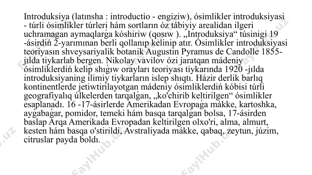 hi kelip shıǵıwı oraylarına ilimiy ekspediciyalar uyımlastırıladı (mas, ózbekstan pánler akademiyası ósimlikler eksperimental biologiyasi institutı g'o'zaning jabayı túrlerin jıynaw boyınsha akademikalıq a. abdullayev basshılıǵında 1975-jılda meksika, 1984-jılda peru, 1989 -90 jıllarda shri lanka, indiya, kitay, 1997-jılda avstraliyaǵa ilimiy ekspediciyalar jibergen). botanika hám seleksiya mákemelerinde ósimlikler introduksiyasi hám keyininen olardı ıqlımlastırıw jumısları alıp barıladı. 20 -ásirdiń 30 -jıllarında ózbekstanda islengen ilimiy shólkemler ilimiy joba tiykarında jáhán mádeniy hám jabayı ósimlikleriniń túrme-túr túrlerin yigish, introduksiya jumısların basladılar. házirgi ózbekstan ósіmlіktanıw, ózbekstan g'o'za seleksiyasi hám tuqımgershilik qánigesiligi, genetikalıqa hám ósimlikler eksperimental biologiyasi, botanika ilimiy izertlew institutları hám botanika baǵında introduksiyalangan hám jergilikli túrler tiykarında túrli eginlerdiń kolleksiyalari islengen. jáhán mámleketleri arasında ilimiy sheriklik keńeygen sharayatlarda introduksiyaning wazıypası ósimliklerdi ilimiy tiykarda jańa úlkelikke qosıw hám ámeldegi eginler túr quramın zamanagóy sanaat sortları menen bayıtıwdan ibarat. matricaria recutita l. - qirqmabarg moychechak introduksiya maqseti: ózbekstan túrli ıqlım hám topıraq sharayatlarigadorivor ósimliklerdi túrlerdi tańlaw, ósiriw múmkinshiliklerin …