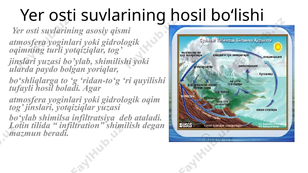 birgalikda togk jinslarining tektonik yoriqlar ta’sirida naqadar kuchli yoki kuchsiz parchalanganlik holati bilan ham chambarchas bogmiq ekan. shunday bomsa-da tog‘ jinslari yoriqlarida (masalan, granit, qumtosh, slanes va h.k.) hosil bomgan yer osti suvlarining miqdori kattako‘rsatkichlami tashkil etmaydi.chunki ta’rifi keltirilgan tog‘ jinslarining yoriqdorlik holati qanchalik yuqori bommasin, ular ko’p miqdorda yer osti suvlarini to ‘play olmaydi. natijada ularning gidrogeologik ahamiyati, sersuvlik nuqtayinazaridan yuqori hisoblanmaydi. yer osti suvlarining geologik ishi surilma. surilma - tog‘ yonbagʼrlari bo‘ylab, shuningdek, ko’l, dengiz, jarliklar suv omborlari, karyer, kanallaming tik qirg‘og‘ida, tog‘ jinslari massasining pastga surilib (sirg‘anib) tushishiga aytiladi .surilma tushunchasi sof turkiy o ‘zakdan iborat bo’lgan xalq tabiiy geografik termini boʻib, surilish, sirpanish kabi mazmun beradi. surilma tabiatda quyidagi sabablar tufayli yuz berishi mumkin:t ik yonbagʻirlar tagining daryo oqimi, suv ombor, dengiz abraziyasi tufayli jarliklar tarzida yemirilishi; suv o’tkazmaydigan qatlam ustida, suv otkazadigan g ‘ovak (lyoss, tuproq, qum, shag‘al aralash) to ‘rtlamchi davr yotqiziqlarining qavat-qavat holda …