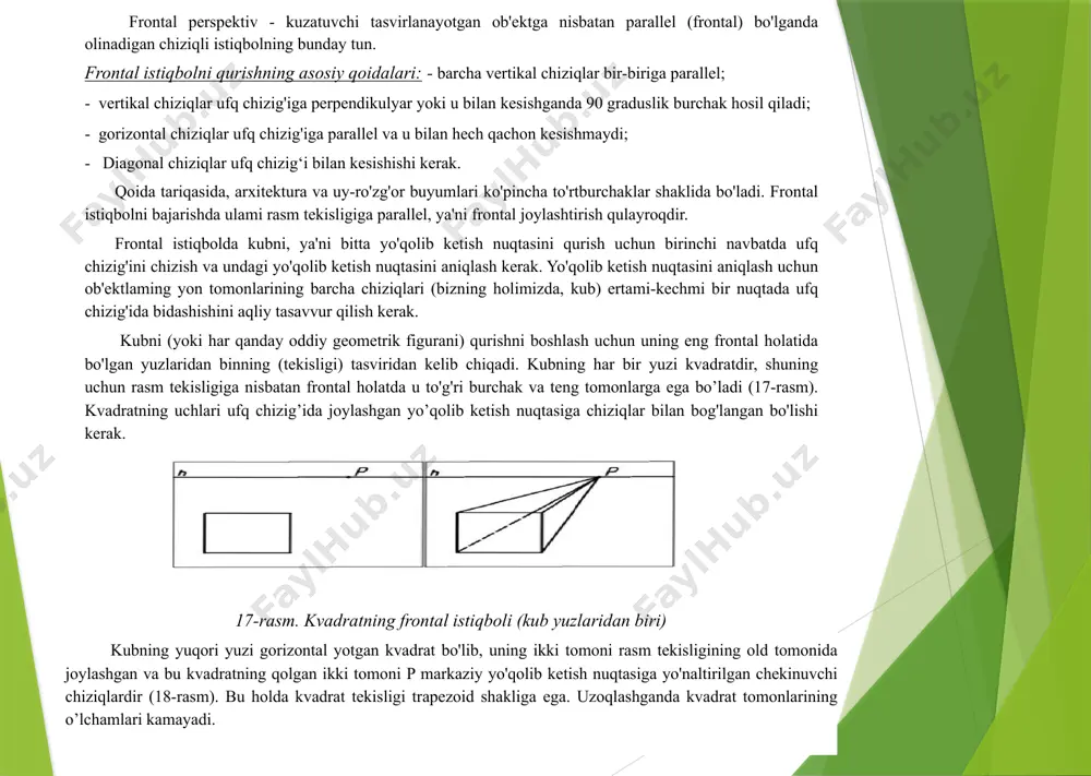 perspektiva rassomlar amaliyotida rasm tuzilishini to‘g‘ri bajarish, arxitekturada qurilayotgan binoning kompozitsiyasini loyiha bosqichida tekshirib, unga tuzatishlar kiritish, aerofo-togeodeziyada yuqoridan olingan suratlar orqali obyekt o‘l-chamlarini aniqlash, kriminalistikada awaldan harakatda bo‘lib to‘qnashgan mexanizmlarning harakatini tikiash uchun, shu-ningdek, optika va boshqa sohalarda ishlatiladi. perspektiva ishlatilish joyi va qanday sirt ustida bajarilishiga qarab quyidagi turlarga bo'linadi: 1. kuzatish perspektivasi. bunda obyekt qanday ko'rinsa, xuddi shunday tasvirlash qoidalari o'rganiladi. 2. havoiy perspektiva. bunda narsa tasviri uning yoritilish kuchiga qarab ranglarda tasvirlanadi. fazoning chuqurligi va kengligi rang orqali ifodalanadi. 3. analitik perspektiva. bunda narsaning tasviri grafik-analitik, ya’ni nuqtalar o‘mini hisoblash orqali bajariladi. 4. geometrik perspektiva. geometrik perspektiva perspektiv tasvir yasashning asosi bo‘lib, u tasvir yasaladigan sirt turiga ko‘ra quyidagi turlarga bo‘linadi: 4.1. chiziqli perspektiva. bunda narsaning tasviri gorizontal tekislikka nisbatan vertikal va ba’zan og‘ma bo‘lgan tekisliklarda yasaladi. 4.2. panoramali perspektiva. bunda narsaning tasviri silindr sirtining ichki tomonida yasalib, qarash nuqtasi sirt o‘qida olinadi. 4.3. dioramali perspektiva. …