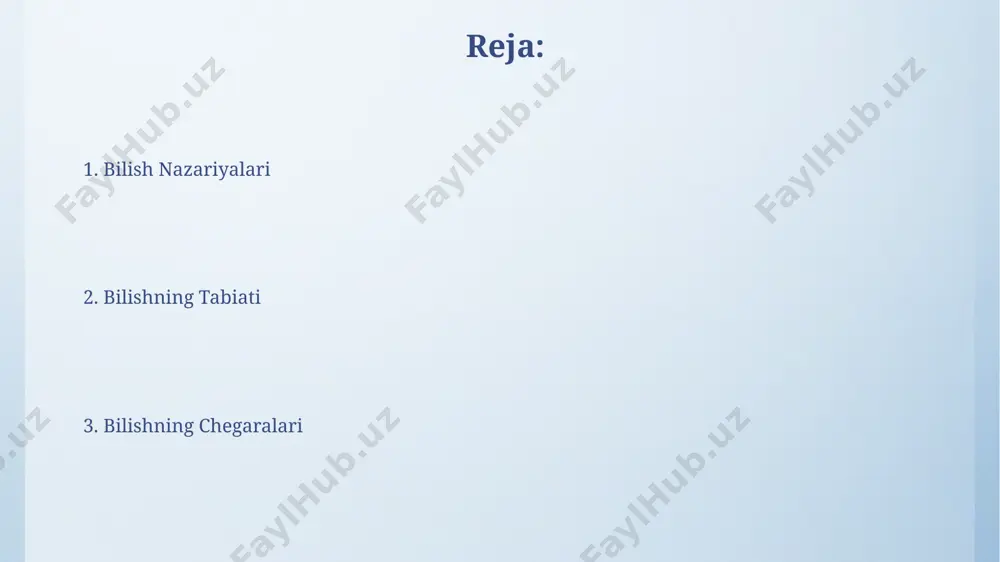 , sinf, otryad, oila, turkum, tur) boʻlish orqali tashkil etdi. 17-asrda, fransua bekon tomonidan ilmiy bilimlarni klassifikatsiya qilish boʻyicha takliflar ilgari surilgan boʻlib, u 3 asosiy toifaga (fizika, metafizika va matematika) boʻlishni taklif qilgan. bilimlar turlari anʼanaviy ravishda, fanlarni ikkiga boʻlishgan: tabiiy fanlar (fizika, kimyo) va ijtimoiy fanlar (sotsiologiya, antropologiya); ammo 21-asrda, interdissiplinar yondashuvlar soni 30 dan oshib ketdi. 20-asrning ikkinchi yarmida, qoʻshma shtatlarda kognitiv fanlarning taraqqiyoti hisoblash modellari va neyrofiziologiya kabi turli sohalarni birlashtirib, kognitiv psixologiyaning yuzaga kelishiga sabab boʻldi. bilimlar va amaliyot fanda olingan natijalarni amaliyotda qo‘llash jarayoni murakkab bo‘lib, turli mamlakatlardagi, masalan, yaponiya va buyuk britaniyadagi 3-5 yillik loyihalarni o'rganish shuni ko'rsatadiki, bu jarayon madaniy va ijtimoiy omillarga bog'liqdir. 20-asrning ikkinchi yarmida, ayniqsa aqshda, kognitiv fanlarning rivojlanishi bilan, bilimlarni qanday qo‘llaymiz va amalda qo‘llashning samaradorligini o‘rganishga qaratilgan ko‘plab tadqiqotlar olib borildi. idrok va hissiyot idrokning 5 ta asosiy turi mavjud bo'lib, ularning har biri miyaning turli qismlarida …
