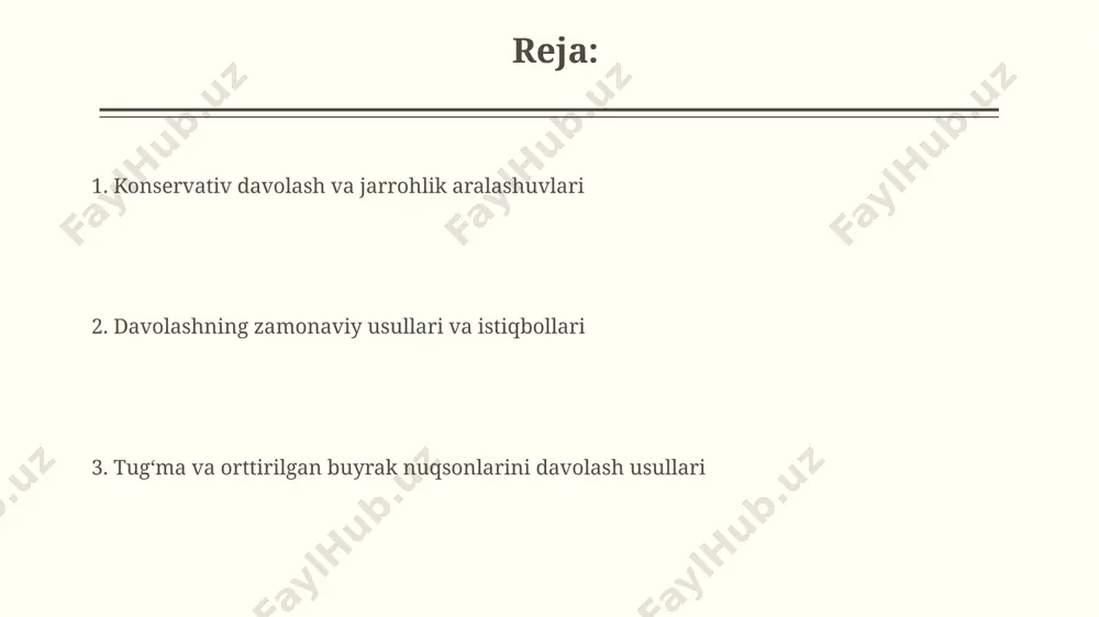 natning 20-haftasida amniotik suyuqlik miqdorining pasayishi bilan xarakterlanadi va juda yuqori perinatal mortalitetga olib kelishi mumkin. buyrak ageneziyasi (bitta yoki ikkala buyrakning yo'qligi) kabi og'ir tug'ma nuqsonlar dializ yoki buyrak transplantatsiyasi kabi murakkab davolash usullarini talab qiladi. jarrohlik davolash buyrak transplantatsiyasi – surunkali buyrak yetishmovchiligi uchun jarrohlik davolashning samarali usuli bo'lib, 5 yillik o'rtacha omon qolish ko'rsatkichi 85% ni tashkil etadi. jarrohlik davolashda buyrakning tug'ma anomaliyalarini tuzatish uchun 20 dan ortiq turdagi operatsiyalar qo'llaniladi, ularning samaradorligi 90% dan oshadi. dializ dializga muhtoj bemorlarning taxminan 10-15% i, transplatatsiya kutilgan davr mobaynida, buyrak etishmovchiligidan kelib chiqadigan oʻlim xavfini kamaytirish uchun konservativ davolanishni afzal koʻrishlari mumkin. dializ davolash jarayonida elektrolitlar muvozanatini saqlash, qon bosimini nazorat qilish va anemiya kabi asoratlarni oldini olish uchun qoʻshimcha dori-darmonlar va protseduralar qoʻllaniladi. masalan, eritropoetin preparati qizil qon tanachalari ishlab chiqarilishini ragʻbatlantiradi. polikistik buyrak kasalligi polikiistik buyrak kasalligi (pkbk) bilan og'rigan bemorlarda buyrak funksiyasining pasayishi yoshi bilan 50% …