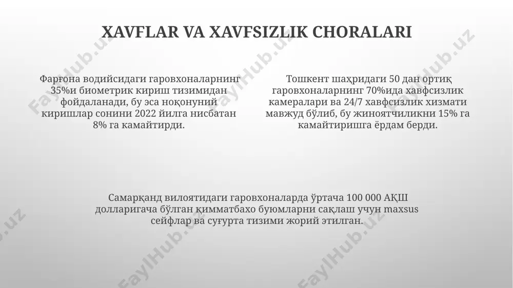 очилиши ва бу соҳада 1000 дан ортиқ янги иш ўринлари яратилиши кутилмоқда. микромолия институтлари билан ҳамкорликда, 2024 йилдан бошлаб, аҳолининг кам таъминланган қатлами учун ломбард хизматларидан фойдаланиш имкониятларини кенгайтириш бўйича 30 тадан ортиқ лойиҳа амалга оширилиши режалаштирилган. tadqiqot va ma'lumotlar manbalari самарқанд вилоятидаги 30 та гаровхонанинг таҳлили шуни кўрсатдики, ўртача ҳар бир гаровхона 5 кишини иш билан таъминлайди ва йиллик фойдаси 100 миллион сўмдан ошади. маълумотлар манбаи: вилоят ҳукуматининг иқтисодий таҳлил бўлими. 2022 йилги маълумотларга кўра, тошкент шаҳридаги гаровхоналарда 1500 дан ортиқ киши иш билан таъминланган бўлиб, уларнинг 70%и аёллардир. бу маълумотлар давлат статистика қўмитасининг расмий веб-сайтидан олинган. ўзбекистоннинг 5 та вилоятида ўтказилган сўровнома натижаларига кўра, оилаларининг 25%и гаровхона хизматларидан фойдаланган ва ойлик даромадлари 15-20%га ошганлигини кўрсатди. маълумотлар манбаи: микромолия ташкилотлари ассоциацияси. soliqlar va boshqa to'lovlar самарқанд вилоятидаги кичик гаровхона тадбиркорларининг 2024 йил учун солиқ ставкалари ҳисобидаги ўртача фоиз ҳажми 5% дан 7% гача кўтарилиши кутилмоқда, бу эса уларнинг фойдасига …