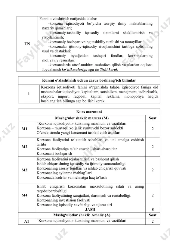 jami 10 mustaqil ta’lim uchun tavsiya etiladigan mavzular (mt) soat viii-semestr mt1 o’zbekistonda kichik biznes sub’ektlarining rivojlanishi hamda holati. 6 mt 2 ishlab chiqaruvchi kuchlarni joylashtirish qonuniyatlari. 8 mt 3 ishlab chiqaruvchi kuchlarni joylashtirish va rivojlantirish boʼyicha xorijiy tajribalar. 8 mt 4 oʼzbekiston va uning hududlarini mineral xomashyo va tabiiy resurslari. 6 mt 5 fermerchilikning rivojlantirish omillari. 6 mt 6 fermerchilikni rivojlantirishning shart-sharoitlari. 6 mt 7 fermerchilikni davlat tomonidan qoʼllab-quvvatlanishi. 6 mt 8 kichik biznes va xususiy tadbirkorlikni rivojlantirishning zarurati. 8 mt 9 kichik biznes va xususiy tadbirkorlikni rivojlantirish boʼyicha qonuniy hujjatlar majmuasi. 6 mt 10 kichik va xususiy tadbirkorlikni rivojlantirishning hududiy xususiyatlari. 6 mt 11 hududlarning tashqi iqtisodiy aloqalari. 8 mt 12 tashqi iqtisodiy aloqalarning va hamkorlikning asosiy shakllari va yoʼnalishlari. 8 mt 13 hududlarning tashqi iqtisodiy aloqalari va eksportni koʼpaytirish yoʼllari. 6 mt 14 hududlarni ijtimoiy– iqtisodiy rivojlanishini tartibga solish. 6 mt 15 hududlarning ijtimoiy-iqtisodiy rivojlanish imkoniyatlari. 8 …