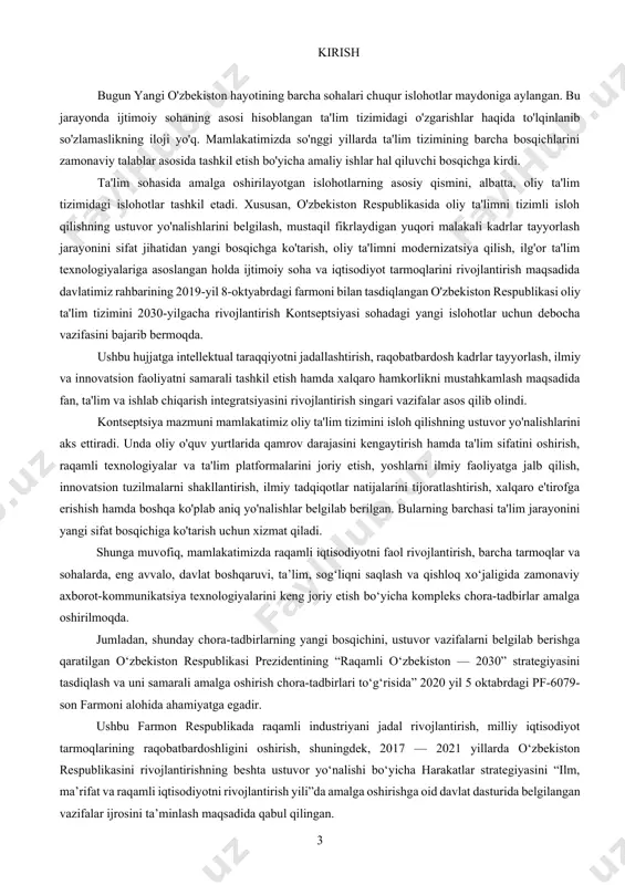 ish, milliy iqtisodiyot tarmoqlarining raqobatbardoshligini oshirish, shuningdek, 2017 — 2021 yillarda o‘zbekiston respublikasini rivojlantirishning beshta ustuvor yo‘nalishi bo‘yicha harakatlar strategiyasini “ilm, ma’rifat va raqamli iqtisodiyotni rivojlantirish yili”da amalga oshirishga oid davlat dasturida belgilangan vazifalar ijrosini ta’minlash maqsadida qabul qilingan. "dasturiy injinering" fani o‘zbekiston respublikasining ta’lim to‘g‘risidagi qonuni va oliy ta’lim oldiga qo‘yilgan talablaridan kelib chiqib, davlat ta’lim standartlari bo‘yicha bakalavriat yo’nalishida talabalarning kompyuter texnologiyalari bo‘yicha chuqur ko‘nikmaga ega bo‘lishlari asosiy maqsad qilib qo‘yilgan. shu maqsaddan kelib chiqib, fan bo‘yicha kurs ishini bajarishda quyidagi vazifalarni hal qilish ko‘zda tutiladi: - talabalarning dasturiy injineringning nazariy asoslari bilan mufassal tanishtirish va amaliy bilimlarini mustaxkamlash; - talabalarga dasturlash tillari, dasturiy maxsulotni ishlab chiqish bosqichlari, dasturlash uchun dasturiy va texnik vositalar, hamda shaxsiy loyiha ishini tashkil etish bo‘yicha amaliy ko‘nikma va malakalarini xosil qilish. kurs ishi fanni o‘rganishning yakuniy bosqichi bo‘lib, ushbu fanni chuqurroq o‘rganishga qaratilgandir. " dasturiy injinering " fanidan kurs ishini bajarish jarayonida …