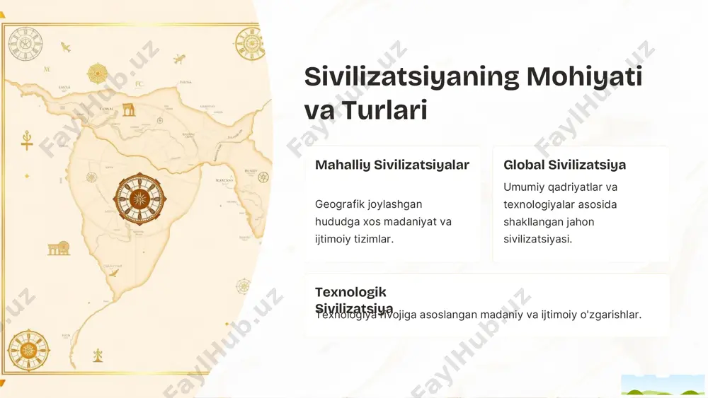y madaniyat o'zbek, qozoq va boshqa xalqlarning an'analari saqlanadi. https://gamma.app/?utm_source=made-with-gamma globalizatsiya sharoitida sivilizatsiyalararo munosabatlar axborot almashinuvi tezkor kommunikatsiya sivilizatsiyalararo ko'prik yaratadi. 1 iqtisodiy integratsiya global bozorlar madaniyatlarni birlashtiradi. 2 madaniyatlarning uyg'unligi boy madaniyatlararo dialog va o'zgarishlar yuzaga keladi.3 https://gamma.app/?utm_source=made-with-gamma madaniyatlar dialogi va o'zaro boyitish imkoniyatlari hurmat va tushunish har bir madaniyat o'ziga xosligini hurmat qiladi. birgalikda ijodkorlik turli ta'sirlar yangi madaniyat shakllarini yaratadi. o'qish va o'rganish har bir madaniyat boshqalardan yangi bilim oladi. https://gamma.app/?utm_source=made-with-gamma xulosa: sivilizatsiya va madaniyatning kelajagi sivilizatsiya va madaniyatlar hamkorlikda rivojlanadi. kelajakda uyg'unlik va o'zaro hurmat asosi bo'ladi. innovatsiyalar madaniyatlarni boyitadi, tarix esa yo'l ko'rsatadi. https://gamma.app/?utm_source=made-with-gamma