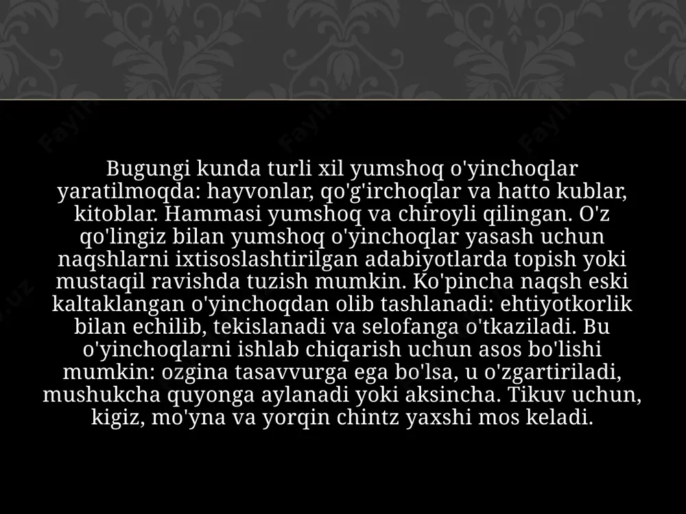 ringiz bilan yoki yozuv mashinkasiga yopishtirilgan bo'lishi kerak. pastki qismida to'ldirish uchun teshik mavjud. yopilgan taglik aylantirilib, to'ldirilgan poliester bilan to'ldirilgan. teshik tikilgan va quyruq orqa tomonga o'rnatiladi. u pastki tikuvdan ikki santimetr yuqorida joylashgan. bunny tayyor va o'z-o'zidan o'tirishi mumkin. yuqorida tavsiflangan bunday yumshoq o'yinchoqlarni turli xil ranglarda tikish mumkin. xuddi shunday mushukcha ham chiqishi mumkin. qo'lda tayyorlangan mo'ynali o'yinchoq ayniqsa iliq va chiroyli. uning tikilishi uchun siz ham tabiiy, ham sun'iy mo'ynadan foydalanishingiz mumkin. albatta, sun'iy bilan ishlash ancha sodda, ammo tabiiy mo'ynadan o'yinchoq tikishga qaror qilsangiz, siz noyob mualliflik o'yinchog'iga ega bo'lasiz! avval o'yinchoq naqshini tanlashingiz kerak, tayyor mahsulot qanchalik katta bo'lsa, ishlash osonroq bo'ladi. kichik tafsilotlar, ayniqsa, yangi boshlanuvchilar uchun juda qiyin. oddiy matodan “ quyon “ cha o’inchoqni tikish parchalarni aylaning va tikuv uchun 0,5 sm chegara bilan kesib oling. matodan farqli o'laroq, mo'yna bilan ishlaganda qaychi ishlatmaslik yaxshidir. agar maxsus tikuvchining pichog'i bo'lmasa, o'tkir …