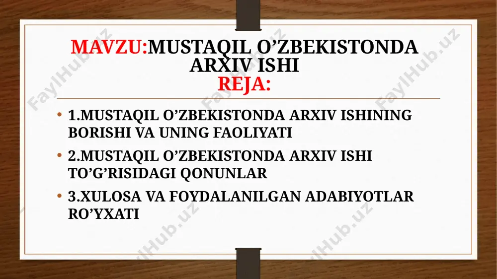 aviy arxivlarda 115 ta kompleks, 1378 ta mavzu bo’yicha, 1705 ta nazorat qilish maqsadida tekshirish o’tkazdi. shu bilan birga, arxiv tashkilotlari respublika ayrim idoralari tarmoqlarida kompleks tekshiruvlar o’tkazdilar. masalan, 1991-1995 yillarda quyidagi idoralar tarmoqlari kompleks tekshirildi: o’zbekiston respublikasi markaziy statistika qo’mitasi 1991 y. mahalliy sanoat vazirligi 1992 y “o’zsanoat fuqaroqurilish” korporatsiyasi 1993 y. oliy va o’rta maxsus ta’limvazirligi 1994 y. sog’liqni saqlash vazirligi 1995 y. va hokazolar. o’zbekiston davlat sanoat va fuqarolar qurilishi korporatsiyasining kompleks tekshirilishi natijasida 31 ta arxiv tashkiloti nazoratidagi muassasalarning 26 tasi binolar bilan ta’minlanganligi, ulardan 20 tasi stelajlar bilan jihozlanganligi aniqlandi. 31 ta tashkilotdan 17 tasining ish yuritish bo’yicha yo’riqnomasi, 58% muassasalarda yig’majildlar nomenklaturasi bo’lgan mustaqil o’zbekistonda arxiv ishi shahar, tuman va qishloqlar muassasalarning idoraviy arxivlarda hujjatlar 5 yil davomida saqlanadi. viloyat muassasalari va tashkilotlari hujjatlari ularning arxivlarida 10 yil davomida saqlanishi mumkin. o’zbekiston respublikasi oliy davlat va hokimiyat boshqaruv organlarining hujjatlari idoraviy arxivlarda 15 yil …
