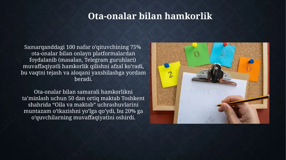 t shahridagi 15 ta maktabda o'tkazilgan tadqiqotlar shuni ko'rsatdiki, o'quv jarayoniga video darsliklar va simulyatsiyalarni qo'llash o'quvchilarning 20% ga yaqin bilim darajasini oshirishga yordam beradi. zamonaviy ta'lim texnologiyalari, masalan, interfaol doskalar va onlayn platformalar (masalan, edmodo yoki google classroom) yordamida 5-11 yoshli bolalar uchun 3d modellashtirish darslarini o'tkazish samarqanddagi maktablarga yangi imkoniyatlar yaratadi. e'tiboringiz uchun rahmat @taqdimot_robot image2.jpg image3.jpg image4.jpg image5.jpg image6.jpg image7.jpg image8.jpg image9.jpg image10.jpg