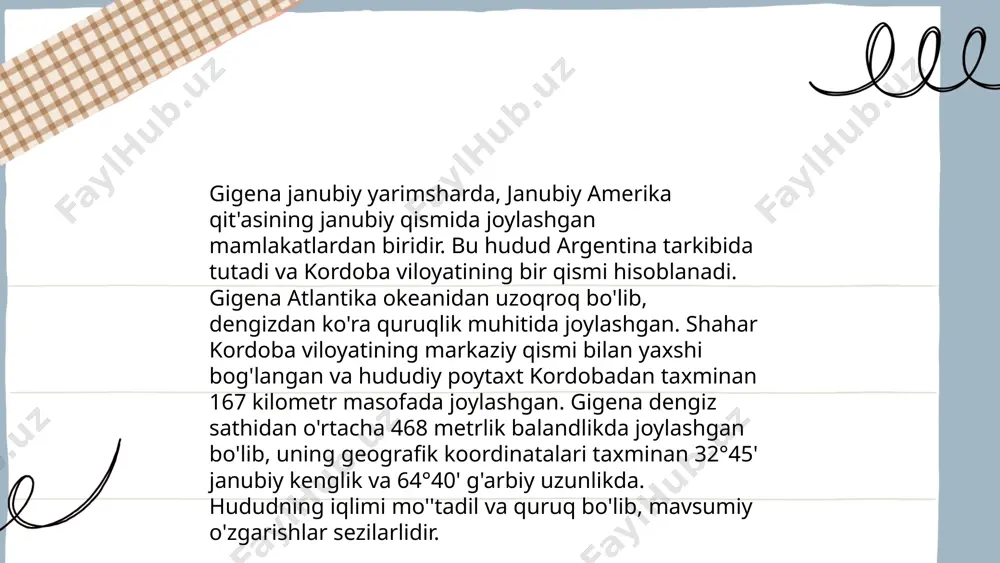 n iborat. daryo uzunligi 150 km, asosiy tabiiy resurslari temir rudasi, ko'mir va yog'ochdir. energiya ishlab chiqarishda gidroenergiya ulushi 30% ni tashkil qiladi. уrta yillik quyosh nuri 1600 soat. ... t.me/slaydai_bot 10. gigenaning ta'lim tizimi gigenaning ta'lim tizimi zamonaviy o‘qitish texnologiyalaridan biri bo‘lib, matematik model, algoritmlar va sun’iy intellekt yordami bilan ma’lumotlarni tahlil qilishga qaratilgan. ushbu tizim 1990-yillardan boshlab rivojlanib kelmoqda. bugungi kunda 2 milliarddan ortiq talaba gigital ta'lim resurslaridan foydalanmoqda. o‘qituvchilar va talabalarning 75% onlayn ta’lim platformalariga ijobiy baho berishadi. gigenaning ta'lim platformalari 120 million foydalanuvchiga xizmat ko‘rsatadi. 70% ta'lim muassasalari raqamli texnologiyalarni o‘z o‘quv rejasiga kiritgan. gigenaning vositalari orqali o‘quv sifatini 30% oshirish mumkinligi tadqiqotlarda qayd etilgan. ... t.me/slaydai_bot oʻzbekistonning milliy bayramlari xalqning tarixi va madaniyatini aks ettiradi. 14-yanvar – vatan himoyachilari kuni, 8-mart – xotin-qizlar kuni, 21-mart – navroʻz bayrami, 9-may – xotira va qadrlash kuni, 1-sentabr – mustaqillik kuni va 1-oktabr – oʻqituvchi va murabbiylar kuni …