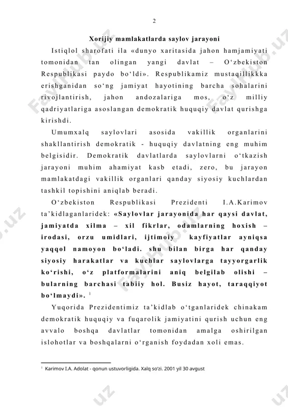 i takomillashtirib borish muhim vazifalardan biri bo‘lib, yosh o‘zbek davlati huquqshunos olimlari tomonidan ham o‘rganilishi lozimdir. shuningdek, ushbu mavzuni tadqiqot qilish orqali qonunchilikda va amaliyotda uchraydigan kamchiliklar aniqlanadi hamda qonunchilikni takomillashtirishda ijobiy turtki bo‘ladi. tadqiqotda o‘zbek olimlari bilan birgalikda rus va boshqa xorijiy mamlakatlar olimlarining ilmiy ishlaridan, saylov munosabatlarni huquqiy tartibga solish sohasidagi qonunchilikning o‘ziga xos xususiyatlaridan foydalanib fikr - mulohazalar bildirilganligi ham ishning yangiligidan, amaliy ahamiyatidan dalolat beradi. mantiqiy isbotlashning analiz va sintez usullariga tayanib olib borilgan izlanishlar natijasi induktiv va deduktiv xulosa chiqarish orqali vujudga keldi. kurs ishini yozishda muallif tomonidan qiyosiy, huquqiy, tahlil, amaliyot materiallarini umumlashtirish kabi usullardan foydalanildi. tadqiqot natijasida saylov huquqi va jarayonini biln bog‘liq bo‘lgan munosabatlarni huquqiy tartibga solish sohasidagi bilimlarni takomillashtirishga oid fikr va mulohazalar, takliflarning ishlab chiqilganligi, ijtimoiy munosabatlarni huquqiy tartibga solishga oid amaliy xulosalarning mavjudligi ishning amaliy ahamiyatidan dalolat beradi. ushbu mavzuni yoritishda o‘zbekiston respublikasi konstitutsiyasidan, o‘zbekiston respublikasi prezidenti i.a.karimov asarlaridan, …