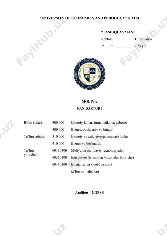 ta’sir etgan sezilarli o‘zgarishlar. valyuta kursi va valyuta bozorlari. valyuta kursining inflyatsiyani hisobga olishga ko‘ra almashuv kurslari. xorijiy investitsiyalar. moliya munosabatlarining umumiy tizimida uy xo‘jaliklari moliyasi. uy xo‘jaligining ta’rifi. uy xo‘jaligiga tegishli bo‘lgan xarakterli xususiyatlar. uy xo‘jaliklari moliyasining har bir davlat moliya tizimining ajralmas tarkibiy qismi hisoblanishi va uning moliyaviy ahamiyati. iv-semestr 1-mavzu. zamonaviy moliyaning mazmun-mohiyati va uni o‘rganishning obyektiv zarurligi va fundamental masalalari zamonaviy moliyaning mazmun-mohiyati. zamonaviy moliyaning o‘ziga xos xususiyatlari. moliyaviy nazariyaning konsepsiyalari va modellari. moliyaviy nazariya tayangan doktrina. mulkka egalik huquqi (mulk)ni boshqaruvdan ajratishning moliyaviy sabablari. korporativ menejmentning asosiy vazifasi va uning moliyaviy jihatlari. bozor intizomi: kompaniyalarning “yutib yuborilishi” va uning moliyaviy oqibatlari. 2-mavzu. moliyaviy qarorlar, oqimlar va innovatsiyalar moliyaviy qaror. uning o‘ziga xos xususiyatlari. uy xo‘jaliklari qabul qiladigan moliyaviy qarorlar va ularning asosiy tiplari: pul mablag‘larini iste’mol qilish va jamg‘arish to‘g‘risidagi qarorlar, investitsion qarorlar, moliyalashtirish xususidagi qarorlar, riskiy boshqaruv haqidagi qarorlar. riskni boshqarish usullarini ta’minlash. savdoga …