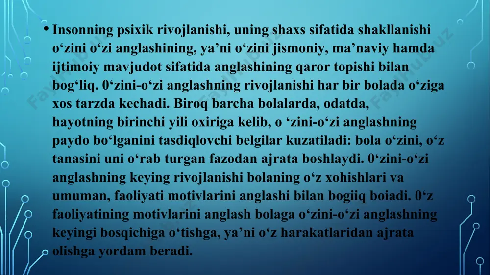 rini baholashga o‘tishida ifodalanadi. masalan, “sen yaxshi bolamisan yoki yomon bolamisan?” degan savolga bolalar (bog‘chaning katta guruh bolalari) “yaxshi” yoki “yomon” deb javob bermaydilar, buning o‘miga “bilmadim... men kattalarga quloq solaman”, “men ham 100 gacha sanashni bilaman”, “men doim navbatchilarga yordam beraman” deb aytadilar. bog‘cha yosh davrida o‘ziga-o‘zi baho berish emotsional xarakteiga ega bo‘ladi. bolaning boshqalarga beradigan bahosi ham shunday xususiyatga ega bo‘ladi. bola uni o‘rab tuigan kattalardan qaysi biriga ishonch his etsa, mehri tovlansa o‘sha kishiga ijobiy baho beradi. foydalanilgan adabiyotlar 1. avdeeva n.n., silvestru a.i., smirnova e.o. tug'ilgandan 7 yoshgacha bo'lgan bolada o'zini o'zi imidjini rivojlantirish // ta'lim, tarbiya va psixologik rivojlanish. - m., 1977 yil. 2. bojovich l. i. shaxs va uning bolalik davrida shakllanishi. - m., 1968. - 464 b. 3. maktabgacha yoshdagi bolalarda o'z-o'zini hurmat qilish va faollikni tarbiyalash. - m., 1973 yil. 4. galiguzova l.i. bolalar uyatchanligi fenomenini psixologik tahlil qilish // psixologiya savollari. …