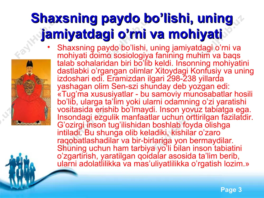 dali yoki zararli ishni qilish va qilmaslik, go’zallik va xunuklikni farqlash, yaxshi va yomonni ajratish qobiliyatlariga ega. ular qiyoslash va tafakkurlash vositasida shakllanadi.... shunday qilib, inson ruhining birinchi kuchi aqliy mushohadaga taalluqli bo’lib, u aqliy tafakkur deb ataladi. ikkinchi kuch esa tajribaga taalluqli bo’lib, u tajribaviy fikrlash, deb ataladi. ular haqiqat yoki yolg’onni, shuningdek, xususiy narsalarga nisbatan yaxshi va yomonni aniqlash uchun xizmat qiladi. free powerpoint templates page * hozirgi davr sosiologiyasida «inson» deganda yerda yashayotgan mavjudot turlaridan biri tushuniladi. free powerpoint templates page * imkoniyat, qobiliyat, moyillik inson alohida olingan tur (homo sapiens) vakilini ifodolovchi umumiy tushunchadir. inson, umuman inson zotining yig’iq obrazi sifatida bioijtimoiy mavjudot bo’lib, u bir vaqtning o’zida ham tabiatga, ham ijtimoiy hayotga mansubdir. gegel ta’biri bilan aytganda, «insonning o’zida bevosita mavjudligi qandaydir tabiiydir, bu uning o’z tushunchasiga binoan tashqidir; faqat o’ziga tegishli tana va ruhini takomillashtirish vositasida, mohiyatan o’zini o’zi anglashi sababli ham u o’zini …