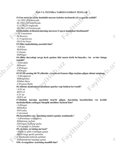 fan va texnika tarixi fanidan testlar — DOCX