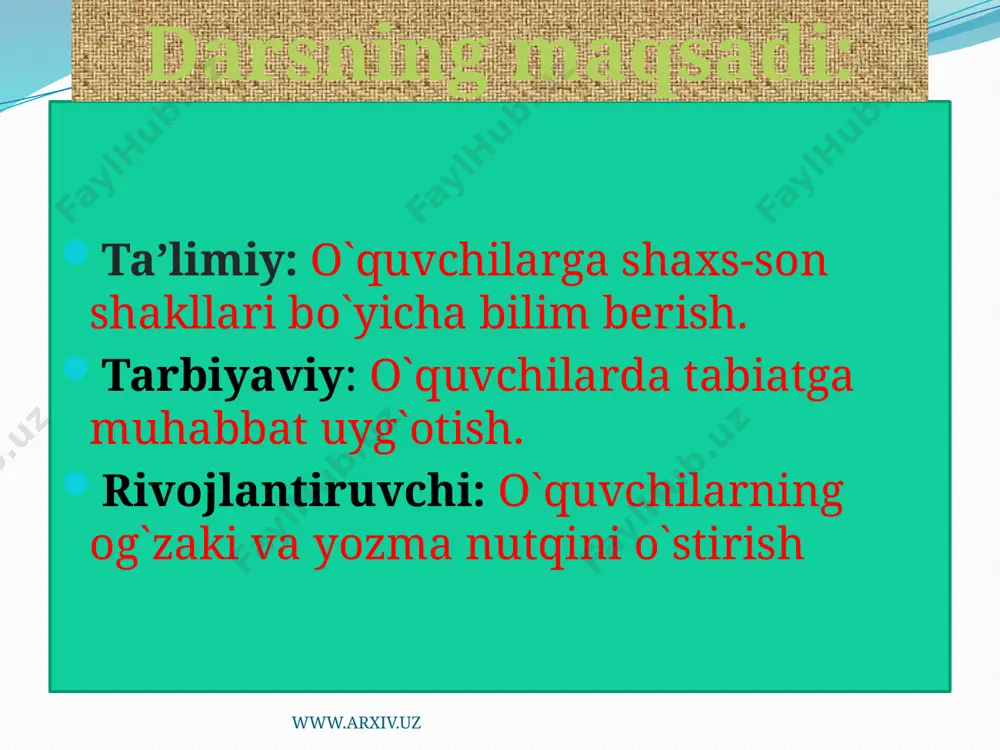 ng: birlik sonda ko‘plik sonda i sh. fe’l + zamon + man, + m fe’l + zamon + miz,+k ii sh. fe’l + zamon + san, + ng fe’l + zamon + siz,+ ngiz iii sh. fe’l + zamon + ti, - fe’l + zamon + ti,+ lar www.arxiv.uz mavzuni mustahkamlash uchun mashqlar bajaramiz. 1-topshiriqdagi so`zlarning toqlarini birinchi guruh, juftlarini ikkinchi guruh qismlarga ajratib izohlaydilar. www.arxiv.uz mashqlarni “gul” o`yini tarzida bajaramiz: 247-mashq. berilgan fe’llarga shaxs-son shakllari qaysi vaqtda –m, -ng shaklida, qaysi vaqtda –man, -san shaklida qo`shilishini tushuntiradilar www.arxiv.uz 248-mashq. fe’l asoslariga qavs ichidagi shaxs-son qo`shimchalaridan mosini qo`yib ko`chiring va ularni izohlang. www.arxiv.uz 249-mashq. fe’llarni tarkibiy qismlarga ajrating. shaxs-son qo`shimchalarining asosga qo`shilishiga diqqat qiling. yur+ing+lar www.arxiv.uz mavzuni mustahkamlash: 1. shaxs-son qo`shimchalari deb nimaga aytiladi? 2. i va ii shaxsni bildiruvchi shaxs-son qo`shimchalari qaysilar? 3. iii shaxsda shaxs-son qo`shimchalari qanday ifodalanadi? 4. shaxs-son qo`shimchalari fe’llarga qanday shakllarda qo`shiladi? www.arxiv.uz uyga vazifa: …