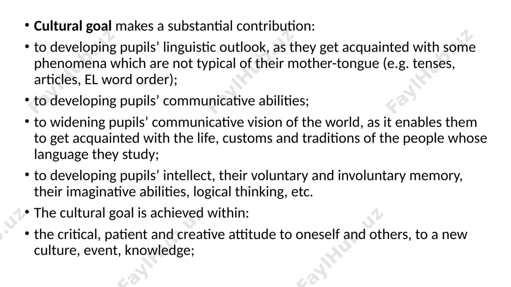 ory perception, motivational sphere, communicative skills; individual qualities such as hardworking, will, purposefulness, and activity). principles of foreign language teaching. principle is defined as a guide to action, in our case as a guide to teaching. methods of teaching foreign language are based on the fundamental principles of pedagogic (didactics). the seven didactic principles: (consciousness, activness, visuality, consecutiveness, systematicness, accessibility, and durability) are interdependent and mutually complementary. in each subject those principles are applied specifically. for instance, the principle of visuality is differently realized in the teaching of mathematics, geography and foreign languages. different visual aids are used in teaching different subjects, and the purposes of their use vary. scientific approach in foreign language teaching implies careful determination of what and how to teach to achieve the aims set by the syllabus. there are 3 aims mainly; the leading role belongs to the practical aim. one of the main methodological …