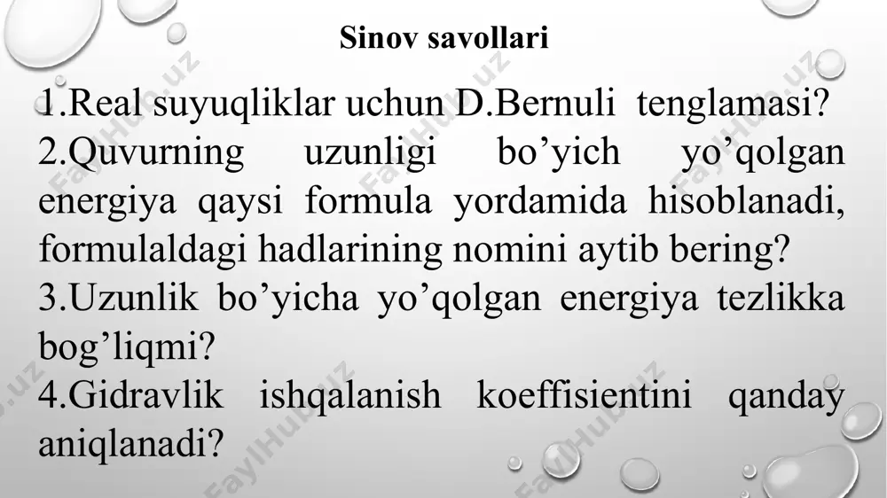 di. hisob natijasi jadvalda keltiriladi: 5. hisoblangan va laboratoriyada olingan qiymatlarning farqini hisoblaymiz va jadvalda keltiramiz. 6. olingan qiymatlarning aniqligini oshirish uchun laboratoriya 2-3 marotaba qaytariladi. 4. formula yordamida hisoblangan gidravlik ishqalanish koeffitsiyentining qiymatiga asosan yo‘qotilgan naporni hisoblaymiz: tajriba tartib soni o’lchangan qiymatlar hisoblangan qiymatlar xulosa umumiy tajriba asosida formula asosida p1/γ, sm p2/γ, sm l,sm t, s v, sm3 q, sm3/s ϑ, sm/s re h',sm λ' h1,sm λ ∆h,% ∆λ, % 1 2 3 4 5 6 7 8 9 10 11 12 13 14 15 1 130,2 130,0 1600 6 30 5 0.26 1596 0.2 0.04 0.04 0.037 80 25 2 128,0 126,0 60 3 125,0 122,0 84 4 121,0 119,0 96 hisoblashlar quyidagi jadvalga yoziladi: (quvurning diametri d=50 mm , ν =0,016 o’zgarmas) № 1 2 3 4 5 6 7 8 9 10 11 12 13 14 15 16 17 18 19 20 l,m 1610 1620 …