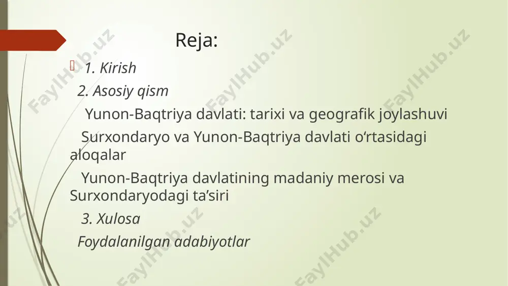 b eng mashhur yodgorlik shimoliy afgʻonistondagi oyxonum va janubiy tojikistondagi taxti sangin yodgorliklari hisoblanadi. amudaryoning oʻng qirgʻogʻida, vaxsh va panj daryolari quyilishida joylashgan taxti sangindagi ibodatxona tuzilishi va topilmalari ellinizm dunyosiga xos diniy eʼtiqodlar keng tarqalganligini koʻrsatib turibdi. yunon-baqtriya geografik joylashuvi yunon-baqtriya davlati miloddan avvalgi iii asrda baqtriya hududida tashkil topgan. bu hudud hozirgi afg‘onistonning shimoliy qismi, tojikiston va o‘zbekistonning janubiy qismlarini o‘z ichiga oladi. baqtriya – baqtriya (hozirgi afg‘onistonning shimoliy qismlari, tojikiston va o‘zbekistonning janubi) davlatining markaziy hududi edi. baqtriya juda strategik ahamiyatga ega bo‘lib, u sharq va g‘arbni bog‘lovchi savdo yo‘llarining kesishgan nuqtasida joylashgan. surxondaryo – baqtriya davlatining janubidagi savdo va iqtisodiy rivojlanish nuqtalaridan biri bo‘lgan surxondaryo, o‘rta osiyo va hindiston o‘rtasidagi aloqalar uchun muhim edi. yunon-baqtriya davlati surxondaryo hududida ham savdo-sotiqni rivojlantirgan va bu mintaqadagi iqtisodiy hayotga o‘z ta’sirini o‘tkazgan. farg‘ona vodiysi va hindistonning shimoli-g‘arbiy qismi – yunon-baqtriya davlati o‘zining siyosiy ta’sirini ba’zan hindistonning shimoliy-g‘arbiy hududlarida ham …