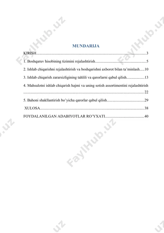 slohotlar natijasida yuridik shaxslarning eksport salohiyati rivojlanadi, yurtimizda qo’shma korxonalar salmog’i ortadi, yangi sanoat korxonalarini qurish, xizmat ko’rsatish ob‘ektlarini ishga tushirish rivojalanadi. oldimizga qo’yilgan bunday dolzarb masalalarni echishda, makroiqtisodiy barqarorlikni mustahkamlash va yuqori iqtisodiy o’sish sur‘atlarini saqlab qolishda, milliy iqtisodiyotning raqobatbardoshligini oshirishda malakali kadrlar hamda mutaxassislar etakchi o’rinni egallaydi. o`zbekiston respublikasi prezidenti shavkat mirziyoyevning oliy majlisga 2017 yilda amalga oshirilgan asosiy ishlar yakuni va o`zbekiston respublikasini 2018 yilda ijtimoiy-iqtisodiy rivojlantirishning eng ustivor yo`nalishlariga bag`ishlangan murojaatnomasi.2017 yil 22 dekabr. bu esa o’z-o’zidan boshqaruv hisobi sohasida ulkan vazifalarni yuzaga keltiradi. mamlakatimizda bozor iqtisodiyoti taraqqiy etgan mamlakatlar tajribasini inobatga olgan holda boshqaruv hisobi, hisobot va nazoratning milliy tizimi shakllandi va rivojlanmoqda. o’zbekistonda xususiy mulk huquqini himoya qilish va uning ustuvor mavqeini yanada kuchaytirish jarayonlari samaradorligini ta‘minlash maqsadida boshqaruv hisobini tashkil qilish xalqaro standartlar darajasida bo’lishini taqozo qiladi. bu esa kurs ishining dolzarbilingini belgilaydi. kurs ishining nazariy-amaliy axamiyati. mamlakatimizda iqtisodiyotni tarkibiy o`zgartirish va modernizatsiya …