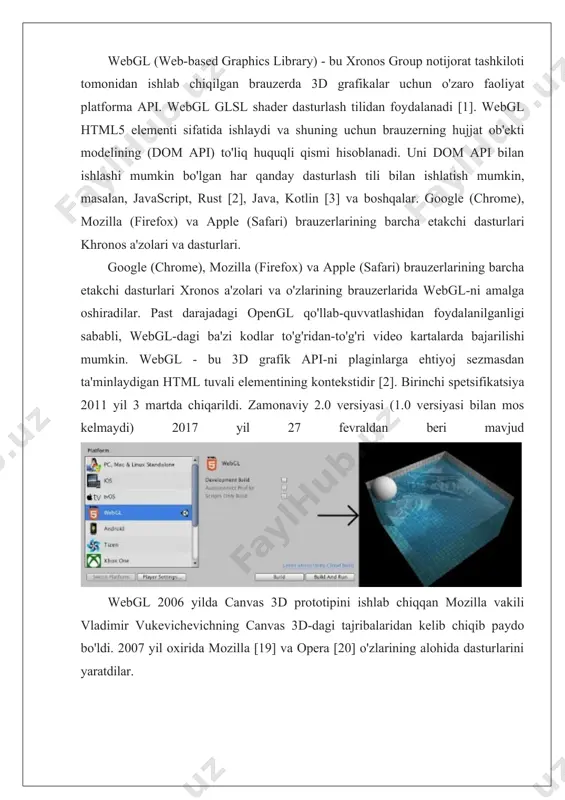 atadiki: 1. webgl tushunchalari 2. uch.js 3. asosiy matematik tushunchalar three.js. three.js does an excellent job of abstracting away many of the details of webgl, so personally, i'd suggest using three.js for your project. but remember, three.js is in alpha, and it is changing frequently, so you have to be prepared for that. most people learn three.js by studying the examples. avoid outdated books and tutorials, and avoid examples from the net that link to old versions of the library. webgl. if you use three.js, you don't need to know how to program in webgl, you just need to understand the webgl concepts. that means, that you just need to be able to read someone else's webgl code and understand what you read. that is a lot easier than being expected to write a webgl program yourself from scratch. you can learn the webgl concepts sufficiently well using any of …