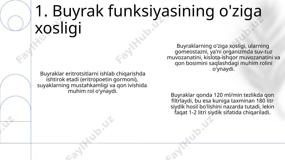 tana hajmi kabi omillarga bog'liq. gfr ni saqlash uchun sog'lom turmush tarzi, jumladan, etarli miqdorda suv iste'mol qilish, yuqori qon bosimi va diabet kabi kasalliklarni nazorat qilish muhim ahamiyatga ega. gfr ning pasayishi buyrak yetishmovchiligining erta belgisi bo'lishi mumkin va kreatinin kabi qon testlari yordamida o'lchanadi; gfr ning 60 ml/min dan past bo'lishi surunkali buyrak kasalligi deb hisoblanadi. 7. glomerulyar filtratsiya tezligi taxminan 30% gipertenziya holatlari buyrak kasalliklari bilan bog'liq bo'lib, ularning davolashda buyraklarni himoya qilish muhim ahamiyatga ega. buyraklar qon bosimini tartibga soluvchi renin-angiotenzin-aldosteron tizimida muhim rol o‘ynaydi, buyrak funksiyasining buzilishi qon bosimining oshishiga olib kelishi mumkin. gipertenziya buyrak kasalliklarining 20-30% gacha sabab bo‘lishi mumkin, shu jumladan glomerulonefrit va polikistik buyrak kasalligi kabi holatlarni keltirib chiqarishi mumkin. 8. gipertenziya va buyrak kasalliklari buyrak ichidagi juda murakkab qon tomir tarmog'i, afferent va efferent arteriollar orasidagi bosim farqi glomerulyar kapillyarlardagi filtrlanish bosimini belgilaydi va shu bilan buyrakning siydik hosil qilishini tartibga …