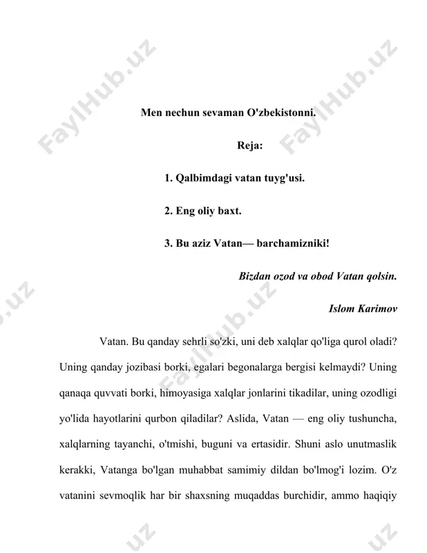mensiz vatanimning nimasidir kemtik, noto'kis bo'lib qoladi. ayni chog'da shuni ham bilamanki, vatanim menga ko'proq kerak. vatan mensiz yashashi mumkin, lekin men vatansiz yashay olmayman! rost-da! men o'n to'qqizga kirib, umrimda nimaiki ro'shnolik ko'rgan bo'lsam, shu vatanning bag'rida uning saxovati tufayli, "bir mehribon qo'l" bilan peshonamni silagani tufayli. axir bu go'zal vatan allohning el qatori menga ham atagan buyuk tuhfasi. mendan avval o'tgan ajdodlarim uni jamiki betakror jozibasi bilan, tuganmas xazinalari bilan menga meros qoldirgan. o'tgan ajdodlarimiz bizga vatanni meros qilibgina qoldirgan emaslar, balki bu vatanni chin yurakdan sevishni, unga fidokorlik bilan xizmat qilishni, uning husniga husn, boyligiga boylik qo'shishni ham meros qoldirishgan. vatanni sevmoq iymondandir, deb ta'lim berishgan ular. vatanga muhabbat onaga muhabbat kabi muqaddas va yuksak tuyg'u. onaga muhabbatning shunday bir o'ziga xosligi borki, odam bu tuyg'usi haqida olamga jar solib, hammani undan voqif qilavermaydi, hatto onasing o'ziga ham har kuni: "onajon, men sizni jonimdan ortiq yaxshi ko'raman" …