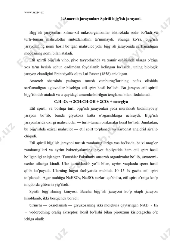 arayoni ko’p etapli jarayon hisoblanib, ikki bosqichda boradi: birinchi ― oksidlanish ― glyukozaning ikki molekula qaytarilgan nad ( н2 ( vodorodning oraliq aktseptori hosil bo’lishi bilan pirouzum kislotagacha o’z ichiga oladi: с6н12о6 (2сн3сосоон+nad ( н2; ikkinchi bosqichda ―qaytarilish ( nad ( н2 oxirgi ak​tseptorga vodorodni o’zatadi, natijada oxirgi asosiy mahsulot bijg’ishga aylanadi. achitqilar piruvatdekarboksilazo fermentiga ega bo’lib, natijada pirouzum kislotaning dekarboqsil reaktsiyasini ka​talizlab karbonat angidrid gazi va sirka aldegidi hosil qiladi: 2сн3сосоон ( 2сн3сно + 2со2 bijg’ish jarayonida yuqorida aytib o’tilgan glikolitik re​aktsiyalarda hosil bo’lgan pirouzum kislota tarkibidagi kar​bonat angidrid karboqsilaza fermenti yordamida ajralib chiqishidan hosil bo’lgan sirka aldegid alkogoldegidrogenaza fermenti ishtirokida, vodorod qo’shilgandan keyin etil spirtgacha o’zgarganligi quyidagi tenglamada ifodalangan: 2сн3сно + 2над ( н2 ( 2сн3сн2он + 2nad turushlar glyukoza, fruktoza va boshqa monosaxaridlar​ning bijg’ishida qatnashadi. ular uchun azot manbai pepton, aminokislota va ammiak birikmalari hisoblanadi. muhitda aminokislotalar miqdori ko’payganda ular dezaminlanish re​aktsiyasiga uchrab, o’z tarkibidagi nh2 guruhini …