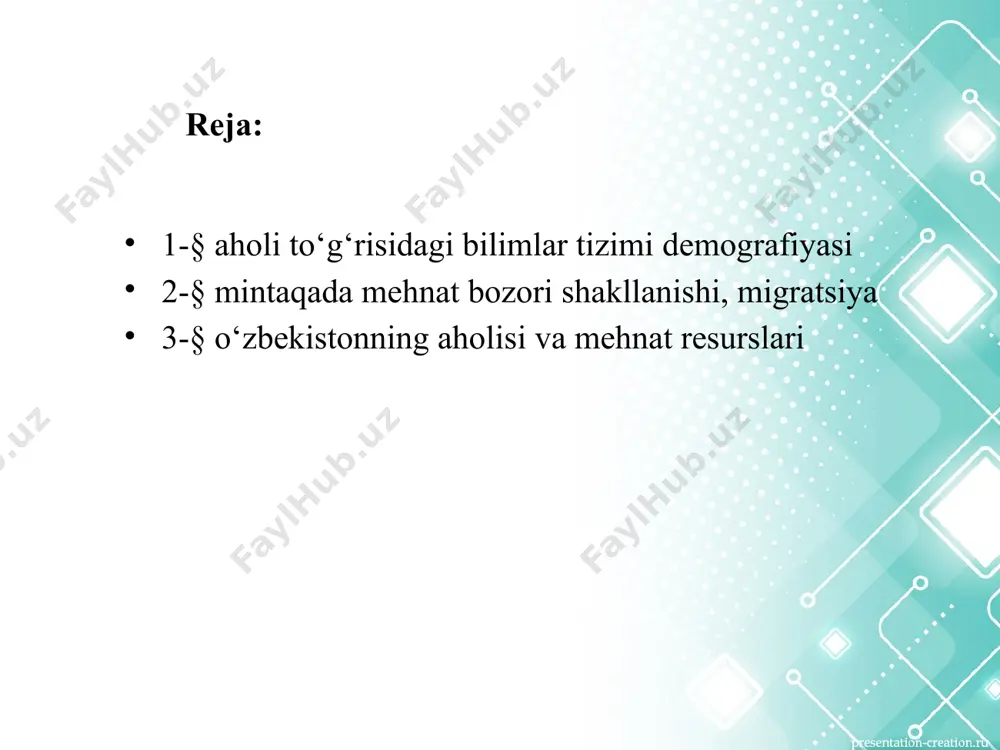 mografiya uch qismga ajratilgan: 1.aholi hisobini yuritish va uning ko‘rsatkichlari (aholi statistikasi) bilan bog‘liq ma’lumotlarni qayta ishlash; 2. aholini ko‘payishi nazariyasi; 3. aholi ko‘payishi bilan bog‘liq siyosat. xix asrda aholi statistikasini ikki qismga ajratishgan: aholi holati va aholi harakati statistikasi. aholi holati statistikasi deganda aholining soni, uning hududiy taqsimoti va tarkibi, hamda ushbu ma’lumotlarni olish va qayta ishlash usullari tushunilgan, aholi harakati statistikasi deganda – aholining tabiiy harakatlanishi (ko‘chishi) bo‘yicha qaydlarga asoslanib, doimiy ma’lumot yig‘ish tushunilgan demogarfiyani uzoq vaqtlar davomida quyidagi bo‘limlarga ajratib kelishgan: - tuzilmaviy demogarfiya – aholi tarkibi va undagi o‘zgarishlar: tug‘ilish, serpushtlik; - o‘lim – o‘lim sabablari, sog‘liq holati; - migratsiya – ichki, tashqi migrayiya; - aholi ko‘payishi – avlodlar almashinuvi, ularning yangilanishi. 2-§ mintaqada mehnat bozori shakllanishi, migratsiya har bir davlatda iqtisodiy qayta qurish davrida bozor iqtisodiyoti mexanizmi yaratiladi. zamonaviy bozor iqtisodiyotining o‘ziga hos xususiyatlari – tuzilmada maxsus bozor-mehnat bozorining mavjudligi. mintaqada mehnat bozorining shakllanishi – …