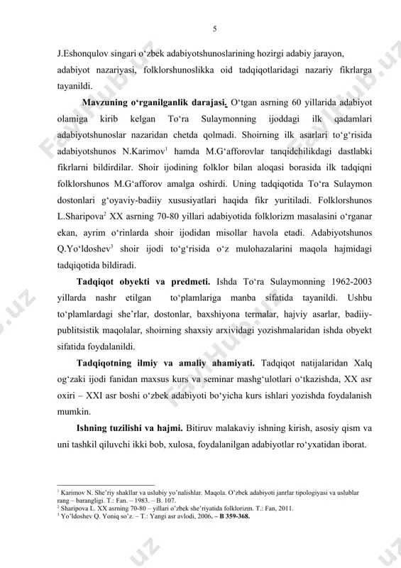 akillari o‘z hayotlari misolida tajribadan o‘tkazganliklariga ishora qiladi. badiiy asarda “maqol yoki matal aynan qo‘llansa, asl oddiy folklorizmni yuzaga keltiradi. maqol yoki matal qaysidir jihatdan o‘zgartirib qo‘llansa, qayta ishlangan folklorizmlar hosil bo‘ladi” . asl oddiy folklorizmlar to‘ra sulaymoning epik hamda liroepik janrdagi asarlari uchun xosdir. muallif baxshiyona termalari, dostonlari hamda hajviyalarida xalq maqollarini asl holicha qo‘llaydi. “jahongashta” dostonida qahramon odil polvonning qishloqdan bosh olib ketishi oldidan do‘st-birodarlarini yig‘ib, kengashga chog‘langani haqidagi quyidagi tasvirni keltiramiz: “odil polvonning men ketarman bu yerlardan bosh olib” degan gapi og‘aynilariga og‘ir botib, bir xillari ko‘ziga yosh olib, biri bilimdonsirab, biri donosirab deyayotir: · bosh yorilsa bo‘rk ichida, qo‘l sinsa yeng ichida. sirtlon sirini bermas, bo‘ri ko‘zining qirini. · arab yiqilsa oldinga, eron yiqilsa enishga. mard xudodan ko‘radi, nomard yo‘ldoshdan. sening bu ishing nomardlikka yotadi... · har kim o‘zi ekkan daraxti ostida o‘zi soyalasin. hovli-joying ham, chorbog‘ing ham, otadan qolgan arzimas mulking ham o‘zingga buyursin. burgaga …