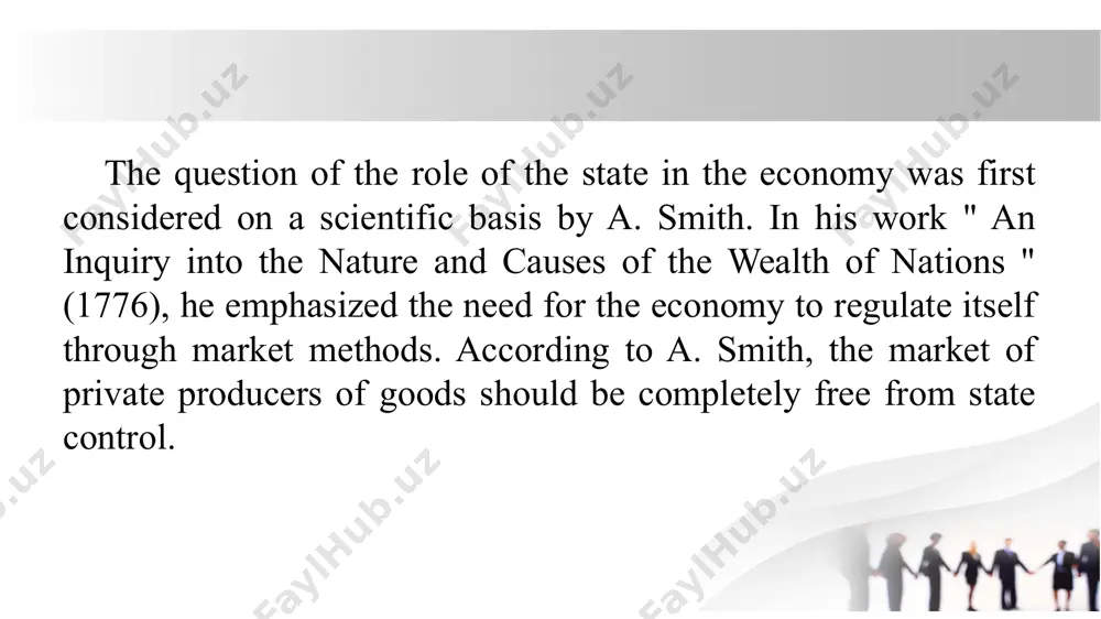 stimulating economic growth. the state uses a number of methods to regulate the national economy: direct impact methods; indirect methods of exposure; foreign economic methods. methods of direct state influence: legal and regulatory regulation: regulation of economic activity through laws, decrees, and decisions. for example, licensing, environmental standards, labor legislation. government orders and subsidies: the government influences the economy by placing orders in strategically important sectors. government subsidies (e.g., agriculture, energy, or support for exporters) methods of direct state influence: state pricing state price regulation for certain strategic goods and services (e.g., utilities, fuel prices). ensuring fair competition through anti-monopoly policy. governance through the public sector sectors of strategic importance (transport, energy, defense) may be under state control. providing essential goods and services through state-owned enterprises. methods of direct state influence labor market regulation state standards and laws on wages, working hours, and working conditions. anti-unemployment measures, social security programs. …