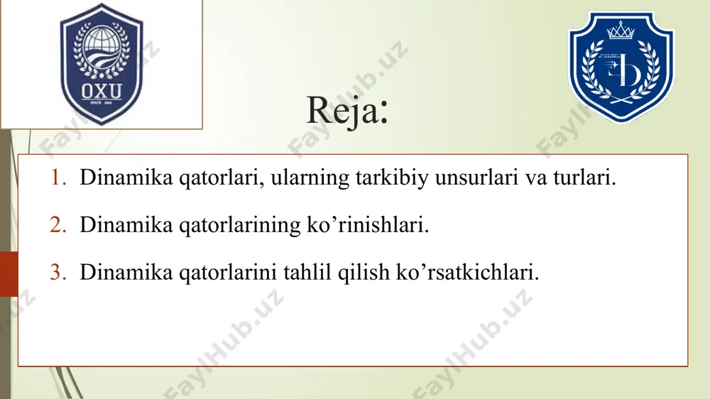 ng‘ich y0 har bir dinamika qatori oxirgi yn muayyan oraliq yi dinamika qatori quyidagilar bilan xarakterlanadi: - uzoq muddatli harakat yo‘nalishi, ya’ni umumiy asriy tendensiya; - qisqaroq davrlarga xos siklik o‘zgarishlar; - ayrim yillarga tegishli tebranishlar; - mavsumiy to‘lqinlar; dinamika qatorining ko‘rsatkichlari taqqoslama bo‘lishi kerak. dastavval ko‘rsatkichlarning taqqoslamaligini ta’minlash kerak. buning uchun ular nafaqat bir xil o‘lchov birliklarida va aniqlik darajasida ifodalanishi, balki shu bilan birga zamon va makon (joy) jihatidan taqqoslama bo‘lishi kerak. zamon jihatidan taqqoslamalik deganda ko‘rsatkichlar tegishli vaqt uzunliklari teng bo‘lishi bilan birga davrlar, ayniqsa, boshlang‘ich va oxirgi davr bir-biridan tasodifan farq qilmasligi, masalan, favqulodda voqealarga ega bo‘lmasligi nazarda tutiladi. makon jihatdan taqqoslamalik ko‘rsatkichlar teng chegarali hududlarga tegishli bo‘lishini anglatadi. bundan tashqari, o‘rganilayotgan obyektlarni chegaralash tartibi va uning birliklarini aniqlash masalasi bir xil tarzda yechilishi kerak. ko‘rsatkichlarni hisoblash ham yagona usulga tayanishi lozim. 2. dinamika qatorlarining turlari momentli dinamika qatori - bu ma’lum oraliqli momentlarga hisoblangan ko‘rsatkichlar …