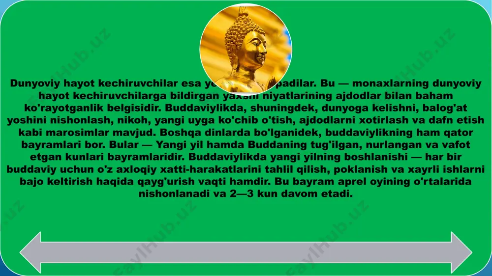 iylikning ham qator bayramlari bor. bular — yangi yil hamda buddaning tug'ilgan, nurlangan va vafot etgan kunlari bayramlaridir. buddaviylikda yangi yilning boshlanishi — har bir buddaviy uchun o'z axloqiy xatti-harakatlarini tahlil qilish, poklanish va xayrli ishlarni bajo keltirish haqida qayg'urish vaqti hamdir. bu bayram aprel oyining o'rtalarida nishonlanadi va 2—3 kun davom etadi. dunyoviy hayot kechiruvchilar esa yerga suv sepadilar. bu — monaxlarning dunyoviy hayot kechiruvchilarga bildirgan yaxshi niyatlarining ajdodlar bilan baham ko'rayotganlik belgisidir. buddaviylikda, shuningdek, dunyoga kelishni, balog'at yoshini nishonlash, nikoh, yangi uyga ko'chib o'tish, ajdodlarni xotirlash va dafn etish kabi marosimlar mavjud. boshqa dinlarda bo'lganidek, buddaviylikning ham qator bayramlari bor. bular — yangi yil hamda buddaning tug'ilgan, nurlangan va vafot etgan kunlari bayramlaridir. buddaviylikda yangi yilning boshlanishi — har bir buddaviy uchun o'z axloqiy xatti-harakatlarini tahlil qilish, poklanish va xayrli ishlarni bajo keltirish haqida qayg'urish vaqti hamdir. bu bayram aprel oyining o'rtalarida nishonlanadi va 2—3 kun davom etadi. …