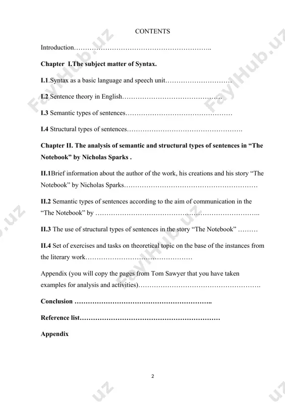 грамматика(английский язык), в. н. василина, blokh m.y. a course in theoretical english grammar, “the notebook” by nicholas sparks ёзма қисмининг тузилиши introduction, chapter i. theoretical investigation, chapter ii. the analysis of the use of the syntax, sentence and it semantic types, the ways of formation of its types, the use of them in “the notebook” by nicholas sparks, conclusion, references, appendix. қўшимча вазифа ва кўрсатмалар назарий адабиётлардан янада кенгроқ маълумотлар олиш ва олимлар фикрларини ёритиб берилса мақсадга мувофиқ бўлади. курс (иши) лойиҳасини бажариш режаси 1 2 3 4 ҳимоя раҳбар рахматуллаева д.а (имзо) курс иши лойиҳасига илмий раҳбар томонидан берилган тақриз ____1_______инглиз филологияси _iii__ курс ___318- гурух___талабаси ____ жўмартова дилафруз_____ (исми шарифи) ____назарий грамматика фанидан ёзган курс иши syntax, sentence and it semantic types, the ways of formation of its types, the use of them in “the notebook” by nicholas sparks_мавзусини ёритишга бағишланган бўлиб, унда назарий жиҳатдан мос келадиган маълумотлар …