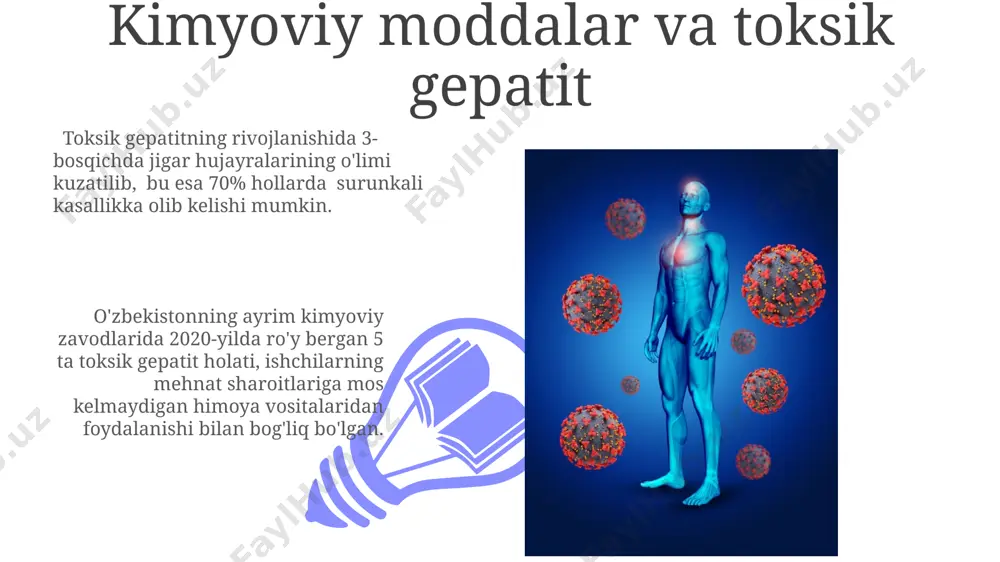 turadi, masalan, gepatoprotektorlar yordamida jigar hujayralarini himoya qilish va 5-7 kun ichida klinik ko‘rinishlarni yaxshilash mumkin. toksik gepatitning oldini olish jahon sog'liqni saqlash tashkiloti (jsst) ma'lumotlariga ko'ra, 2023 yilda 500 mingdan ortiq odam toksik gepatit bilan kasallangan va bu kasallikning oldini olish uchun sog'lom turmush tarzini o'rnatish, jumladan, toza suv iste'mol qilish kerak. toksit gepatitning oldini olishda, 70% dan ortiq holatlarda toksik moddalarning (masalan, dorilar, spirtli ichimliklar) haddan tashqari iste'mol qilinishini kamaytirish muhim, ayniqsa, osiyo mamlakatlarida. e'tiboringiz uchun rahmat @taqdimot_robot image4.jpg image5.jpg image6.jpg image7.jpg image8.jpg image9.jpg image10.jpg image11.jpg image12.jpg image13.jpg image1.jpeg image2.jpeg image3.jpeg
