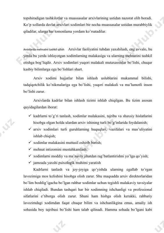 hujjatshunoslik, arxeografiya, manbashunoslik fanlarining dolzarb nazariy va uslubiy muammolariga doir ma’ruzalar eshitadilar arxiv muassasalarining ilmiy-tadqiqot ishlari deganda arxiv ishini yanada takomillashtirishga qaratilgan ilmiy izlanishlar tushuniladi. arxiv muassasalarida hujjatshunoslik, arxivshunoslik, arxeografiya, tarix, ko’makchi tarix fanlari va boshqa sohalarda ilmiy tadqiqotlar olib boriladi. hujjatlarni nashr etish hamda arxiv ma’lumotlarini tayyorlash ham ilmiy-tadqiqot ishlarining tarkibiy qismi hisoblanadi. arxivlarda ilmiy izlanishlar 3 xil yo’nalishda olib boriladi: 1) nazariy tadqiqotlar; 2) amaliy tadqiqotlar; 3) ilmiy ishlanmalar nazariy tadqiqotlar hujjatshunoslik, arxivshunoslik, arxeografiya singari fanlarning umumiy masalalariga bag’ishlanadi. nazariy tadqiqotlar ma’lumot yig’ish, eksperimentlar o’tkazish, ularning natijalarini umumlashtirish va ilmiy xulosalar chiqarishdan iboratdir. amaliy yo’nalishdagi ilmiy ishlar esa nazariy tadqiqotlarga hamda amaliy tajribaga tayangan holda arxiv muassasalarining konkret ish faoliyatini takomillashtirishga qaratilgan. amaliy tadqiqotlar aksariyat hollarda ilmiy ishlanmalar yaratish bilan yakunlanadi. ilmiy ishlanmalar ko’proq uslubiy tavsiyanomalar shaklida yoziladi. uslubiy tavsiyanomalar arxivshunoslik sohasida olib boriladigan nazariy va amaliy ilmiy tadqiqotlarni hayotga tadbiq etish vositasidir. uslubiy tavsiyanomalar taxminan quyidagi mavzularda …
