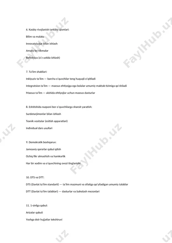 : strategik qaror — uzoq muddatli rejalarga taalluqli (maktab rivojlanish strategiyasi) taktik qaror — qisqa muddatli maqsadlarga qaratilgan (bir o‘quv yiliga reja tuzish) stereotip qaror — avvalgi tajribaga asoslanadi (odatdagi chora-tadbirlar) operativ qaror — shoshilinch vaziyatda qabul qilinadigan qarorlar (favqulodda holatlarda) 4. menejer va liderning farqlari: menejer boshqaradi, tartib va qoidalarga amal qiladi lider esa motivatsiya beradi, g‘oya yaratadi moslashuv: direktor menejerlik va liderlik qobiliyatlarini uyg‘unlashtirishi kerak 5. krk va krs maqsadi: krk — o‘qituvchilarning kasbiy mahoratini oshirishga qaratilgan umumiy kun krs — haftalik soat orqali individual yoki jamoaviy rivojlanish 6. kasbiy rivojlanish tarkibiy qismlari: bilim va malaka innovatsiyalar bilan ishlash amaliy ko‘nikmalar refleksiya (o‘z ustida ishlash) 7. ta’lim shakllari: inklyuziv ta’lim — barcha o‘quvchilar teng huquqli o‘qitiladi integratsion ta’lim — maxsus ehtiyojga ega bolalar umumiy maktab tizimiga qo‘shiladi maxsus ta’lim — alohida ehtiyojlar uchun maxsus dasturlar 8. eshitishida nuqsoni bor o‘quvchilarga sharoit yaratish: surdotarjimonlar bilan ishlash texnik vositalar (esitish …