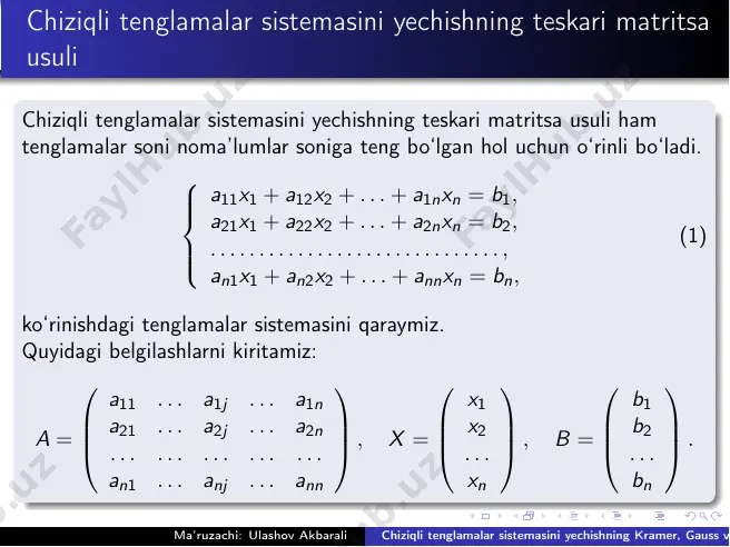 + 3 · 2 (−8) · 1 + (−2) · (−1) + 4 · 2 (−7) · 1 + (−4) · (−1) + 5 · 2  = 1 6 3 2 7  = 1 2 1 3 7 6  demak =⇒(x1; x2; x3) = ( 1 2 ; 1 3 ; 7 6 ) ma’ruzachi: ulashov akbarali chiziqli tenglamalar sistemasini yechishning kramer, gauss va matritsa usullari. 8 / 26 chiziqli tenglamalar sistemasini yechishning kramer usuli sistemadagi tenglamalar soni noma’lumlar soniga teng bo‘lgan hol uchun o‘rinli bo‘ladi.  a11x1 + a12x2 + . . .+ a1nxn = b1 a21x1 + a22x2 + . . .+ a2nxn = b2 . . . . . . . . . . . . . . . . . . . . . . . . . . . . . . an1x1 + an2x2 + . . .+ annxn = bn …