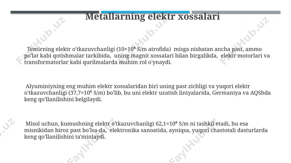 magnit jihatdan zaif material sifatida tavsiflaydi. perm qotishmalari guruhiga kiruvchi alnico magnitlari, o'zining yuqori energiya mahsuloti tufayli (taxminan 12-15 mg·oe) radiotexnika va elektrotexnika sohalarida, masalan, samarqanddagi bir zavodda ishlab chiqariladigan qurilmalarda qo'llaniladi. nikel-alyuminiy qotishmalari, xususan, alnico qotishmalari, yuqori koersitiv kuchi bilan ajralib turadi va taxminan 700-1600 ka/m oralig'ida bo'ladi, shuning uchun yuqori haroratlarda ham magnit xossalarini saqlab qoladi. qotishmalar turlari qotishmalar tarkibiga kiruvchi metallarning nisbati va ularning kristall panjaralaridagi o'zaro ta'siri tufayli, masalan, 90% mis va 10% qalay qotishmasi bronza sifatida, fizikaviy xossalari sezilarli darajada farq qilishi mumkin. temir asosidagi qotishmalar, masalan, po'lat (temir va uglerod qotishmasi), turli miqdordagi uglerod (0,02% dan 2% gacha) qo'shilishi natijasida mustahkamlik va egiluvchanlik kabi mexanik xossalari jihatidan katta farqlarga ega alyuminiy qotishmalari, misol uchun, aviatsiya sanoatida keng qo'llaniladigan duralyumin (alyuminiy, mis, magniy va marganets qotishmasi) yuqori mustahkamlik va yengillik xususiyatlariga ega bo'lib, aqsh va rossiya kabi davlatlarda samolyot qurishda faol ishlatiladi. metallarning va qotishmalarning …