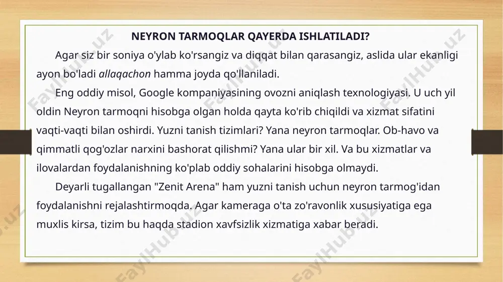 a piksellar sonining naqshini aniqlash uchun ishlatilishi mumkin. ushbu tarmoqlar 3d hajmli neyronlardan foydalanadi. bir qatlam ichida neyronlar faqat retseptiv qatlam deb ataladigan kichik maydon bilan bog'langan. qo'shni qatlamlardagi neyronlar fazoviy lokalizatsiya mexanizmi orqali bog'langan. ushbu qatlamlarning ko'pchiligining ishi piksellar sonining ko'payishiga javob beradigan maxsus chiziqli bo'lmagan filtrlar bilan ta'minlanadi. takroriy neyron tarmoqlari bunday neyron tarmoqlari takrorlanuvchi deb ataladi, ularning neyronlari orasidagi bog'lanishlar indikativ tsiklni tashkil qiladi. quyidagi xususiyatlarga ega: har bir ulanish o'z vazniga ega, u ham ustuvor hisoblanadi. tugunlar ikki turga bo'linadi, kirish tugunlari va yashirin tugunlar. takroriy neyron tarmog'idagi ma'lumotlar nafaqat to'g'ri chiziq, qatlam-qatlam, balki neyronlarning o'zlari orasida ham uzatiladi. takroriy neyron tarmog'ining muhim o'ziga xos xususiyati bu "diqqat maydoni" ning mavjudligi, bunda mashina yaxshilangan ishlov berishni talab qiladigan ma'lum qismlarni o'rnatishi mumkin. takroriy neyron tarmoqlar matn ma'lumotlarini tanib olish va qayta ishlashda qo'llaniladi (chastotada ular google tarjimoni, yandex palex algoritmi, apple siri ovozli yordamchisi tomonidan qo'llaniladi). …