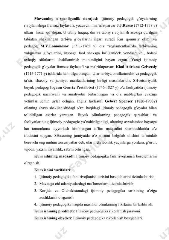ko`rsatib o`tilgan ma`lumotlar ijtimoiy pedagogika tarixi haqidagi yangi tadqiqotlarga asos bo`lishi mumkin. kurs ishining tuzilishi va hajmi: kirish, 2 bob, 4 bo`lim , xulosa, foydalanilgan adabiyotlar ro`yxatidan iborat.