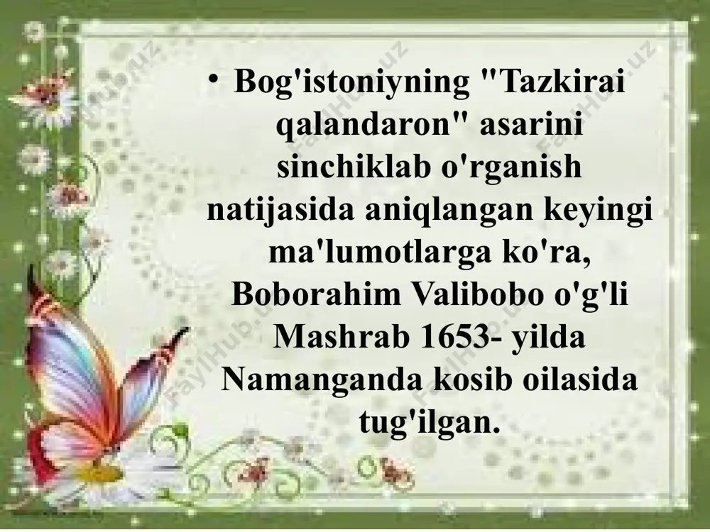 ik, naqshbandiylik tariqatlari mashhur. bu tariqatlar bir-birini inkor etmaydi, chunki maqsadlari bir — bir-u bor zot vasliga vosil bo'lish. mashrab naqshbandiylik shaxobchasi bo'lmish qalandarlik maslagini tutgan va uni ijodida targ'ib etadi bilib oling! mashrab g’azallaridan namunalar “o'ttum” g`azali ishq vodisidin bir kecha men hay-haylab o'ttum, monandi nayiston guliga o't qalab o'ttum. ofoqni bir lahzada kezdim na ajabdur, mino tog'idin akka sifat hakkalab o'ttum. ottim fashu dastorini devonalig' aylab, parvona sifat jonimi o'tqa qalab o'ttum. bildimki, vafosi yo'q ekan ushbu jahonni, mardona bo'lub, balki, etak siltalab o'ttum... “qalandar bo'l” g`azali murodingga yetay desang, qalandar bo'l, qalandar bo'l, sitam ahlin yutay desang, qalandar bo'l, qalandar bo'l. og'izdin dur sochay desang, sharobi ishq ichay desang, yomonlardin qochay desang, qalandar bo'l, qalandar bo'l. fasod ahlin quvay desang, (ketiga) bir uray desang, bu dargohdin suray desang, qalandar bo'l, qalandar bo'l... “o`rtar” g`azali agar oshiqlig'im aytsam, kuyub jon-u jahon o'rtar, bu ishq sirrin bayon etsam, taqi …