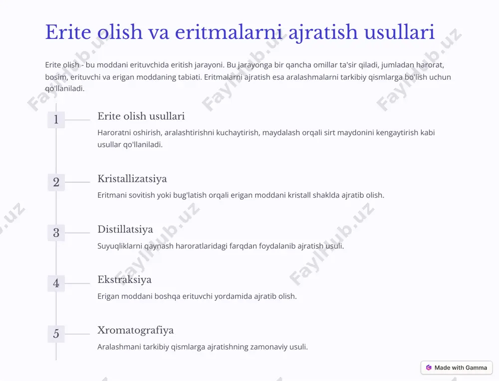 kmus qog'ozini ko'kartiradi. tuzlar kislota va asoslarning o'zaro ta'siridan hosil bo'ladigan moddalar. masalan, natriy xlorid (nacl), kalsiy karbonat (caco3). tuzlar turli xil ta'mga ega bo'lishi mumkin. https://gamma.app/?utm_source=made-with-gamma ph ko'rsatkichi va uning ahamiyati ph ko'rsatkichi - bu eritmadagi vodorod ionlari konsentratsiyasining o'lchovidir. u 0 dan 14 gacha bo'lgan shkalada o'lchanadi, bunda 7 neytral muhitni, 7 dan past qiymatlar kislotali muhitni, 7 dan yuqori qiymatlar esa ishqoriy muhitni bildiradi. ph ko'rsatkichining ahamiyati juda katta. u tirik organizmlar uchun hayotiy muhim bo'lgan biologik jarayonlarni boshqaradi, sanoat ishlab chiqarishida mahsulot sifatini nazorat qilishda qo'llaniladi, atrof-muhit monitoringida suv va tuproq sifatini baholashda ishlatiladi. 1 kislotali muhit (ph 7) sovun, ammiak eritmasi. teri va ko'zlar uchun ta'sirchan bo'lishi mumkin. https://gamma.app/?utm_source=made-with-gamma konsentratsiya o'lchov birliklarini hisoblash konsentratsiya o'lchov birliklarini hisoblash eritmalar bilan ishlashda muhim ahamiyatga ega. bu jarayon turli sohalarda, jumladan laboratoriya tadqiqotlari, sanoat ishlab chiqarishi va dori-darmonlar tayyorlashda qo'llaniladi. eng ko'p ishlatiladigan konsentratsiya o'lchov birliklari: massa ulushi …