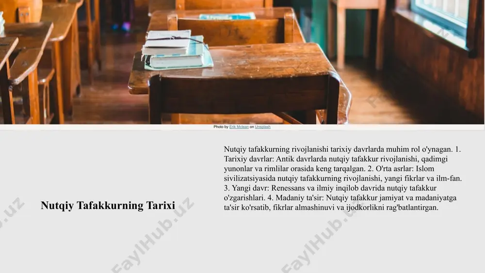 bilan o'zaro bog'liq bo'lib, shaxsiy va jamiyat rivojlanishida muhim rol o'ynaydi. ijtimoiy va madaniy omillar insonlarning fikrlash tarzini, nutqiy qobiliyatlarini shakllantiradi. texnologiya esa yangi usullar va imkoniyatlar yaratib, yangiliklarni olishda va tarqatishda yordam beradi. nutqiy tafakkurning innovatsion yondashuvlari - innovatsion yondashuvlar ta'limda muhim rol o'ynaydi, talabalarni faol fikrlashga undaydi. - zamonaviy texnologiyalar, masalan, sun'iy intellekt va onlayn platformalar, o'qitish jarayonini samarali qiladi. - yangi metodlar, masalan, problemali o'qitish va loyiha asosida o'qitish, talabalar bilimini mustahkamlashda yordam beradi. photo by tai ngo on unsplash nutqiy tafakkurning kelajakdagi yo'nalishlari kelajakda nutqiy tafakkur rivojlanishida yangi texnologiyalar, sun'iy intellekt va raqamli kommunikatsiyalar muhim rol o'ynaydi. yangi tendensiyalar sifatida ijodiy fikrlash va multidisipliner yondashuvlar paydo bo'lmoqda, bu esa bilimlarni kengaytirishga yordam beradi. shuningdek, rivojlanish uchun tahdidlar sifatida muammolar va resurslar yetishmovchiligi ko'rinadi, bu innovatsion yechimlar izlashni talab qiladi. xulosa nutqiy tafakkur, uning ahamiyati va rivojlanish bosqichlari muhimdir. tarixiy davrlarda nutqiy tafakkur va madaniy ta'siri ko'rib …
