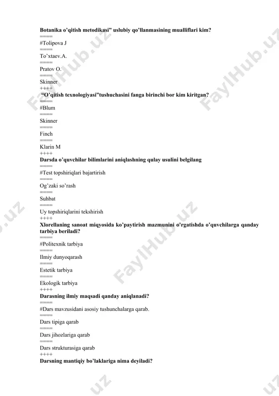? ==== #olimlarning hayoti, ijodi to’g’risida ==== organizmlarning tuzilishiga ==== organizmlarning hayotiga ==== organizmlarning ko’payishiga ++++ mavzuli kechalar’ o’qitishning qaysi shakliga kiradi? ==== #sinfdan tashqari ishlarga darsga ==== ekskursiyaga ==== darsdan tashqari ishlarga ==== darsga ++++ maktab zoologiya darsligining muallifi kim? ==== #mavlonov o ==== shalaev v ==== shokirov e. ==== abdullaev m ++++ odam va uning salomatligi darsligida (8 sinf) nechta laboratoriya mashg’uloti materiallari bor? ==== #9 ta ==== 7 ta ==== 8 ta ==== 5 ta ++++ metodik uslub nima? ==== #darsda o’qituvchi va o’quvchilarning ayrim faoliyati ko’rinishi ==== o’quvchilar faoliyatining ko’rinishi ==== ayrim o’quvchi faoliyati ==== darsda o’qituvchi faoliyati ko’rinishi ++++ og’zaki metod necha xil gruhlarga ajraladi? ==== #4 xil ==== 3 xil ==== 5 xil ==== 6 xil. ++++ oddiy tushunchaning belgilang? ==== #barg ==== oddiy va murakkab barg ==== barglarning nafas olishi ==== xazonrezgilik ++++ tabiatga ekskursiya necha etapda o’tkaziladi? ==== #5 etapda ==== 3 …