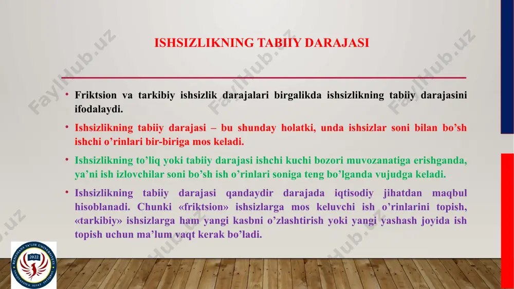 li yashash joylarida ishni boshqa topish imkoniyati bo’lmaydi. mehnatga layoqatli katta yoshdagi aholiga nafaqa olishi uchun uzluksiz ish staji juda muhim. ishsizlik bo’yicha nafaqa, hatto uni olishga erishilsa ham ish haqidan yo’qotishlarni qoplamaydi. xodilarning hayolida ko’pincha bandlikning barqarorligi kabi omil o’rnashib oladi. ko’plab insonlar hufyona iqtisodiyot sohasida, shuningdek shaxsiy tomorqa xo’jaligida ishlab pul topsalar ham to’liqsiz bandlikni afzal ko’rgan holda asosiy ish joyi bilan aloqani uzmaydilar. 3. ishsizlik oqibatlari barcha ishsizlik ko’rinishlarining darajalari birgalikda ishsizlikning haqiqiy darajasini ifodalaydi. tabiiy ishsizlik darajasi -real va potensial yalpi milliy mahsulotning o`sishi bir-biriga mos keladigan iqtisodiy rivojlanish davri oraliqlariga xos bo`lgan ishsizlik darajasi. ishsizlik darajasi ishsizlarning ishchi kuchi tarkibidagi foizi sifatida hisoblanadi. ishsizlar soni ishsizlik darajasi = --------------------- * 100 % ishchi kuchi ishchi kuchiga ishlay oladigan va ishlashni hohlagan barcha kishilar kiradi. ishchi kuchi – ishlovchilar va faol ish izlovchilardan iborat bo’ladi. boshqacha aytganda, band bo’lganlar va ishsizlar ishchi kuchini tashkil qiladi. ishsizlarga …